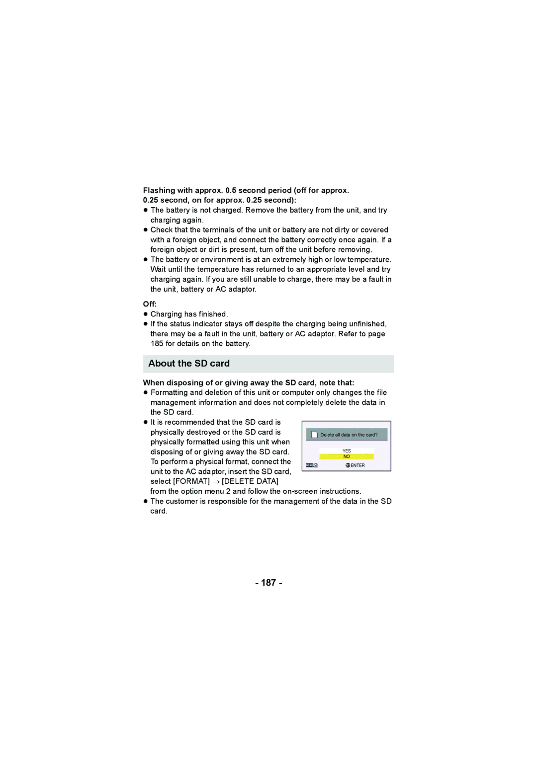 Panasonic HX-DC2, HX-WA20 About the SD card, 187, When disposing of or giving away the SD card, note that 