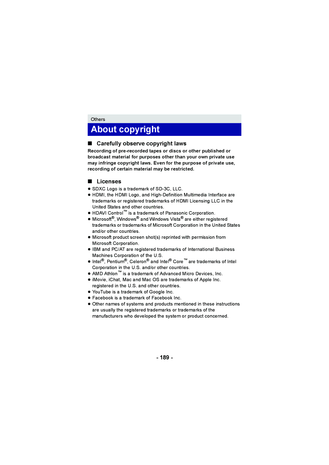 Panasonic HX-DC2, HX-WA20 operating instructions About copyright, Carefully observe copyright laws, Licenses, 189 