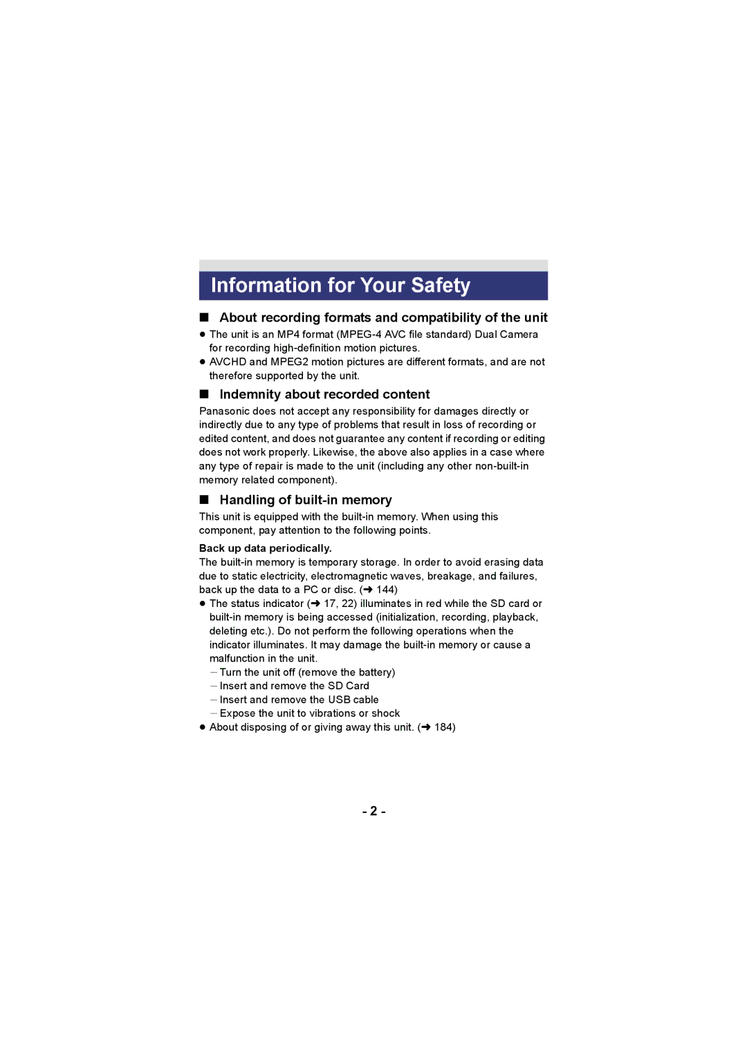 Panasonic HX-WA20, HX-DC2 Information for Your Safety, About recording formats and compatibility of the unit 