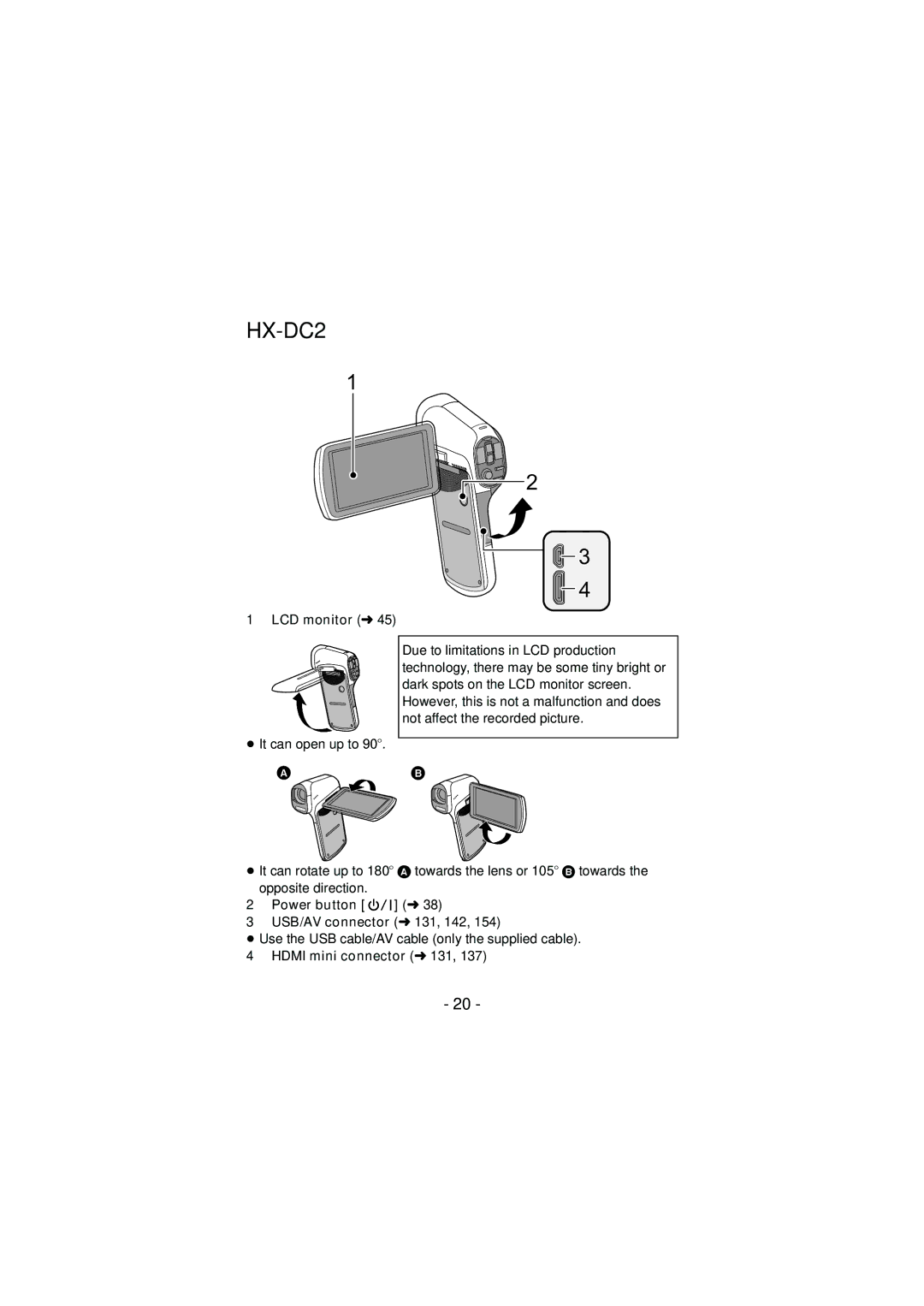 Panasonic HX-WA20, HX-DC2 operating instructions Power button l USB/AV connector l 131, 142, Hdmi mini connector l 131 