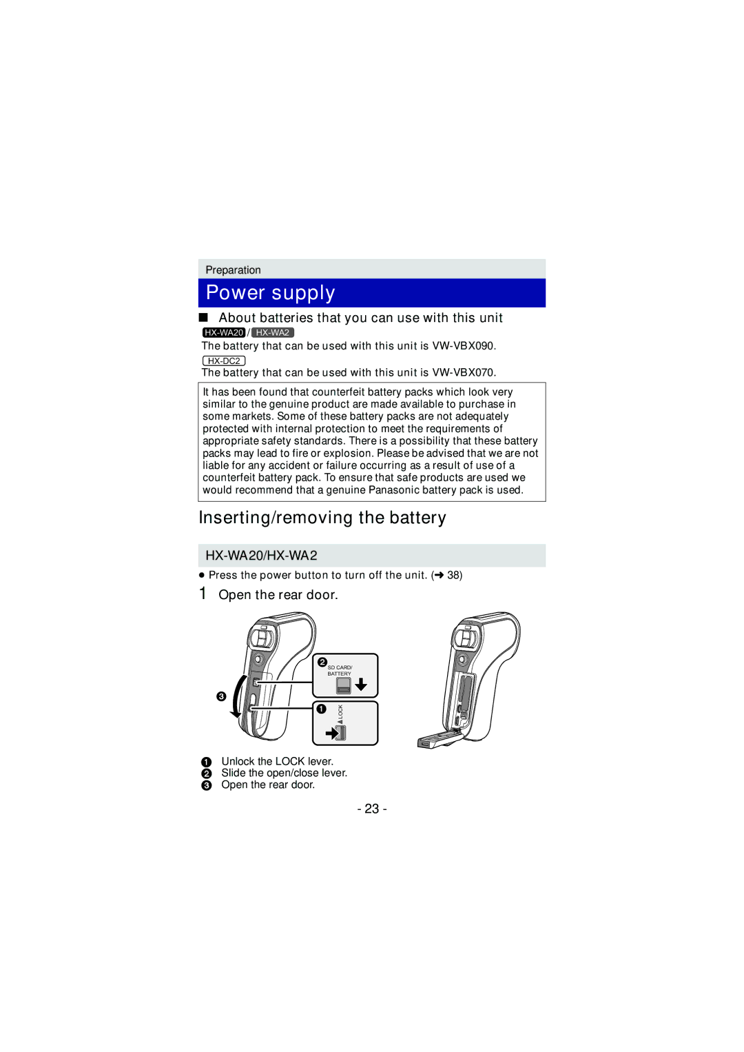 Panasonic HX-WA20, HX-DC2 Power supply, Inserting/removing the battery, About batteries that you can use with this unit 