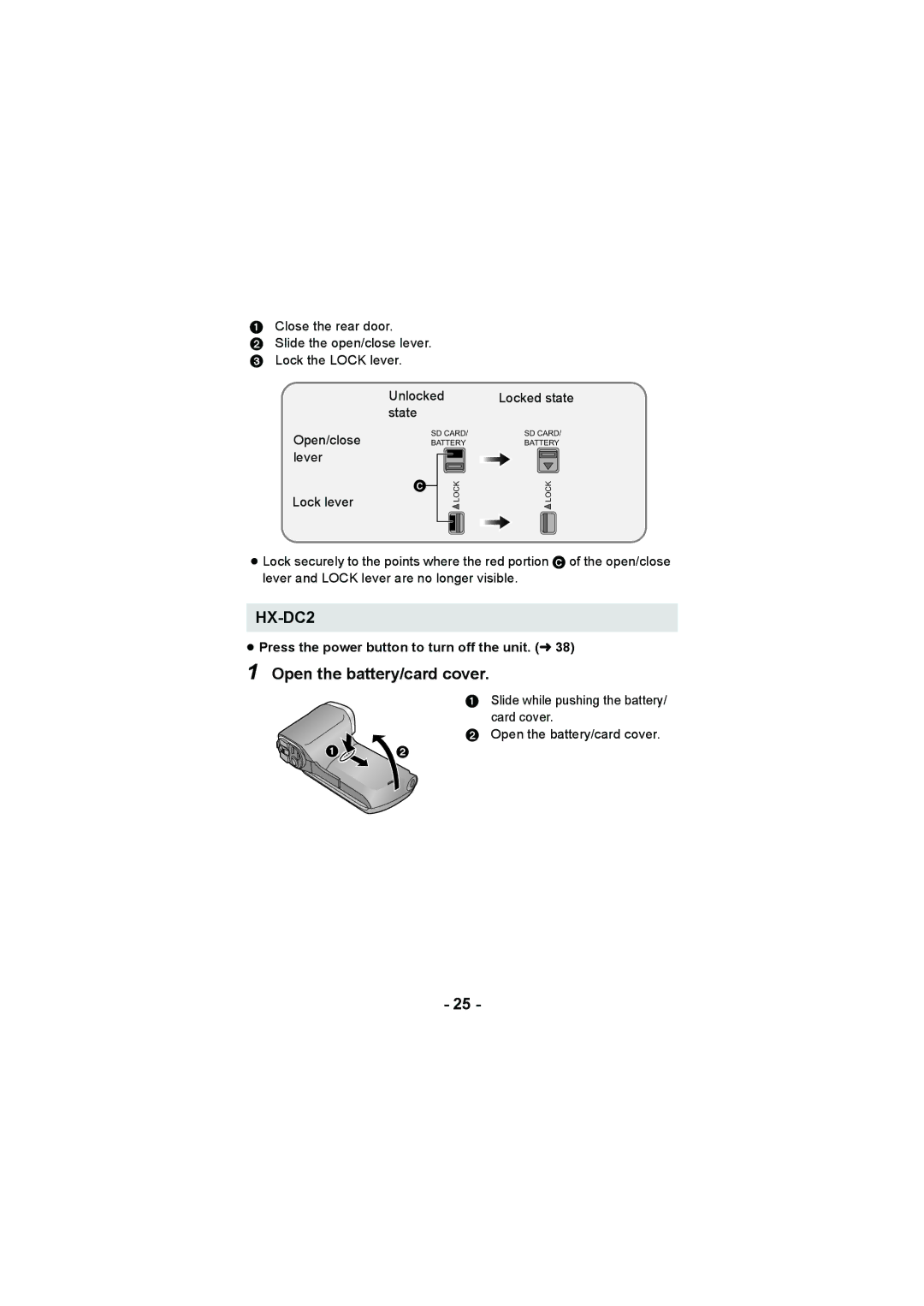 Panasonic HX-WA20 operating instructions HX-DC2, Open the battery/card cover 