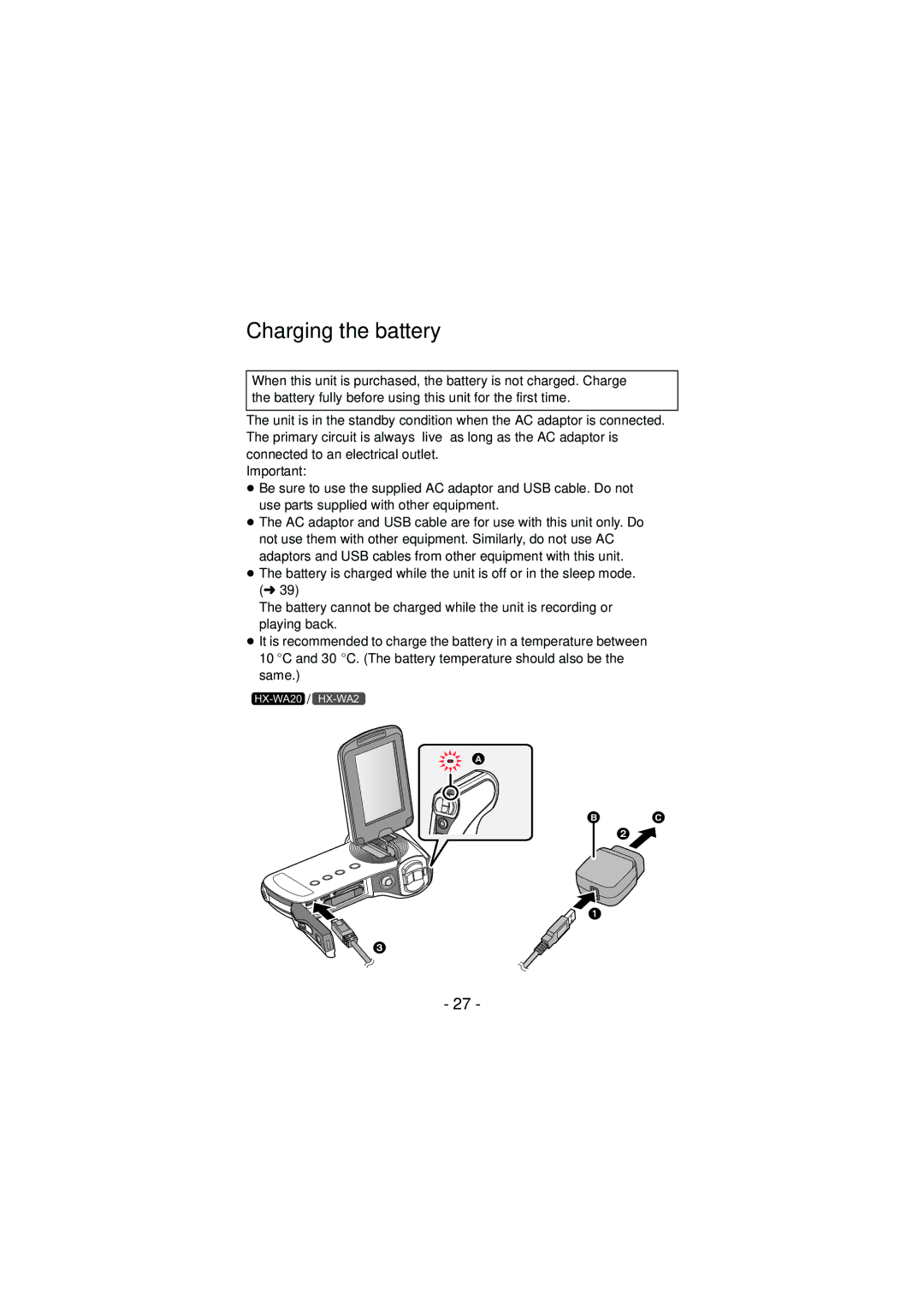 Panasonic HX-DC2, HX-WA20 operating instructions Charging the battery 