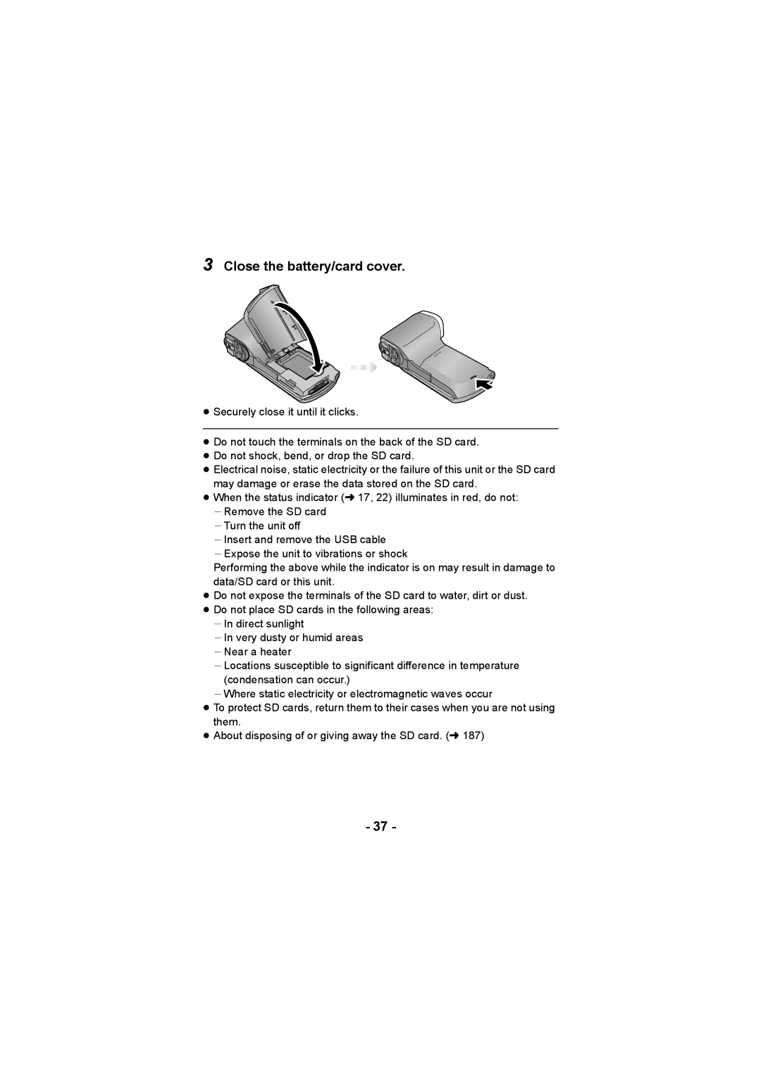 Panasonic HX-DC2, HX-WA20 operating instructions Close the battery/card cover 