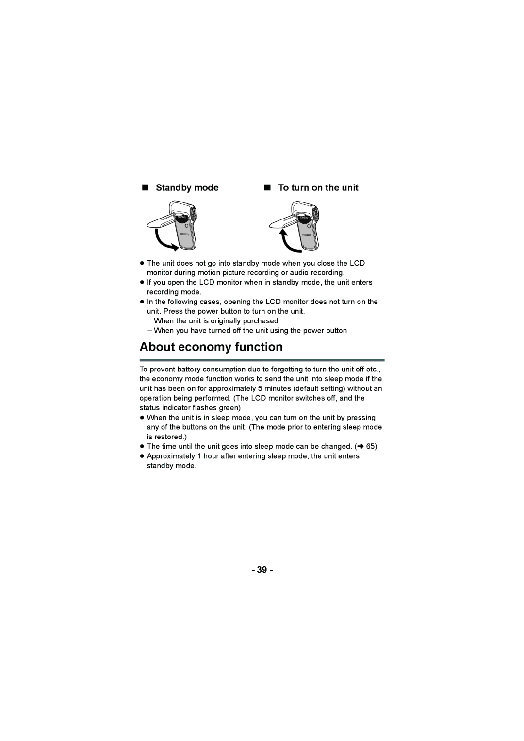 Panasonic HX-DC2, HX-WA20 operating instructions About economy function, Standby mode To turn on the unit 