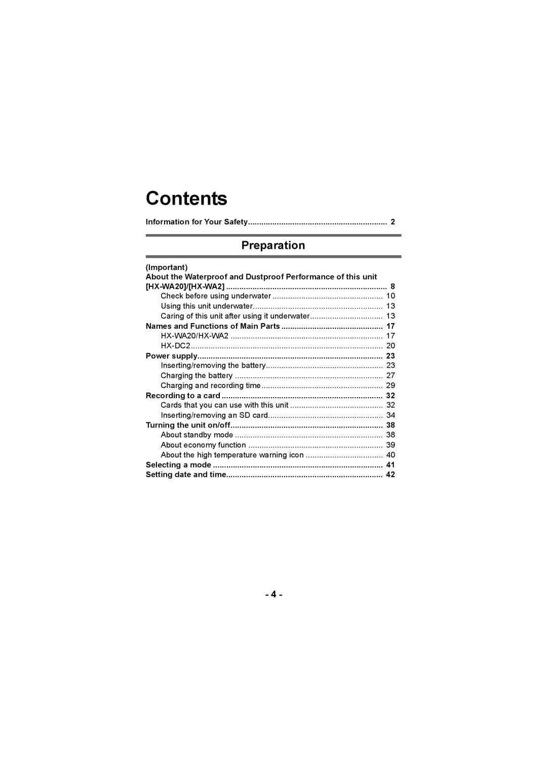 Panasonic HX-DC2, HX-WA20 operating instructions Contents 