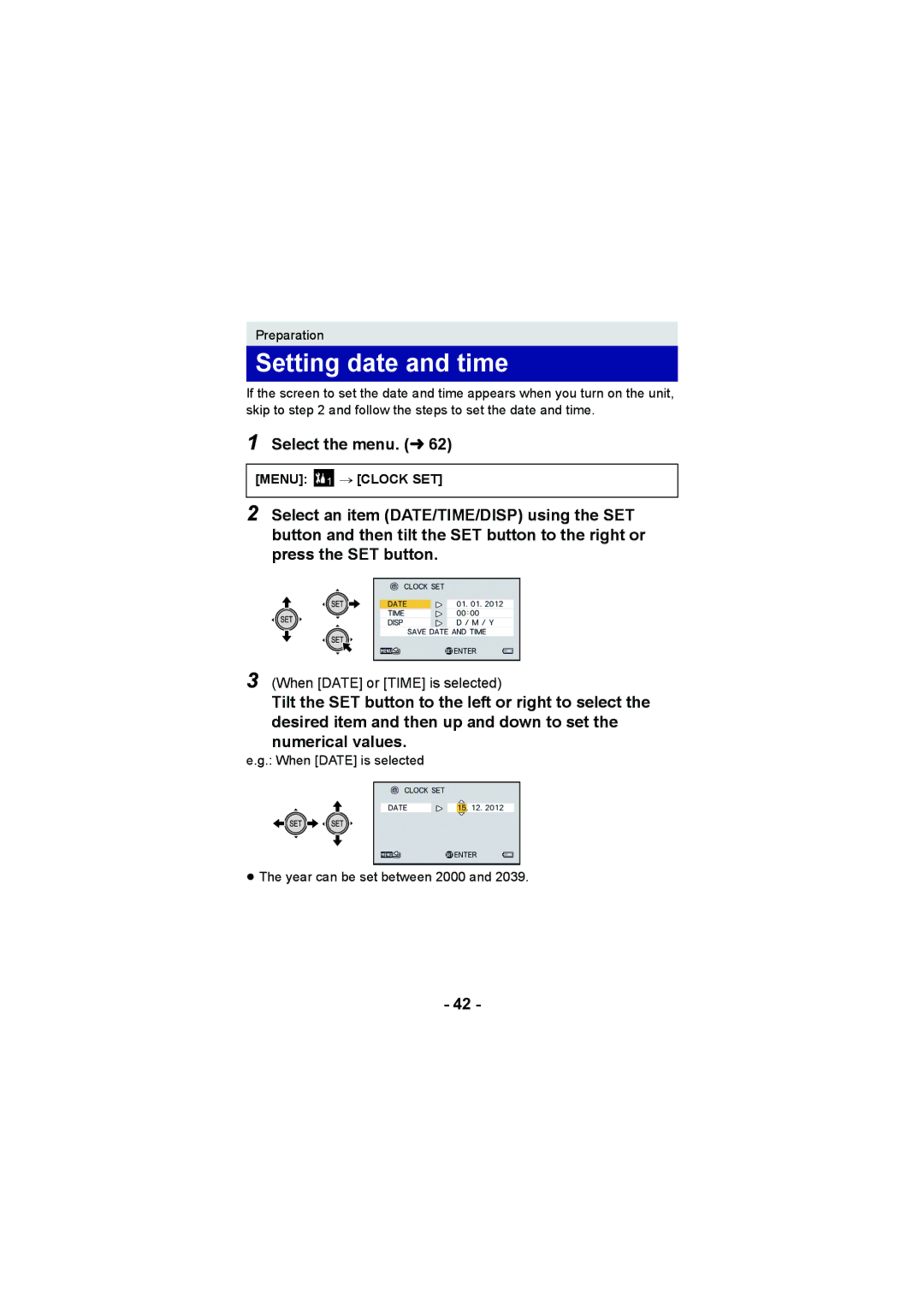 Panasonic HX-DC2, HX-WA20 operating instructions Setting date and time, Select the menu. l, Menu 1 # Clock SET 