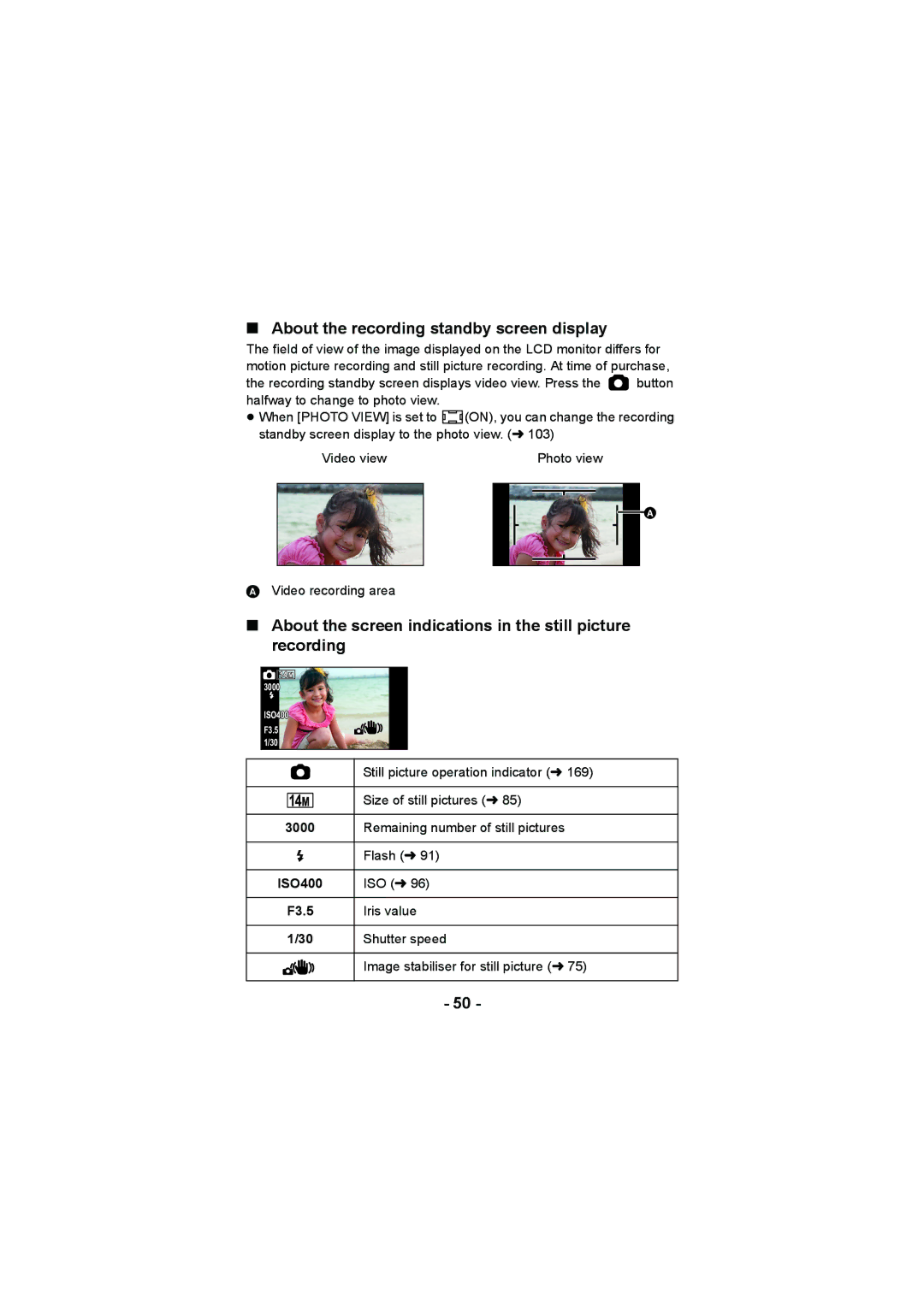 Panasonic HX-WA20 About the recording standby screen display, About the screen indications in the still picture recording 