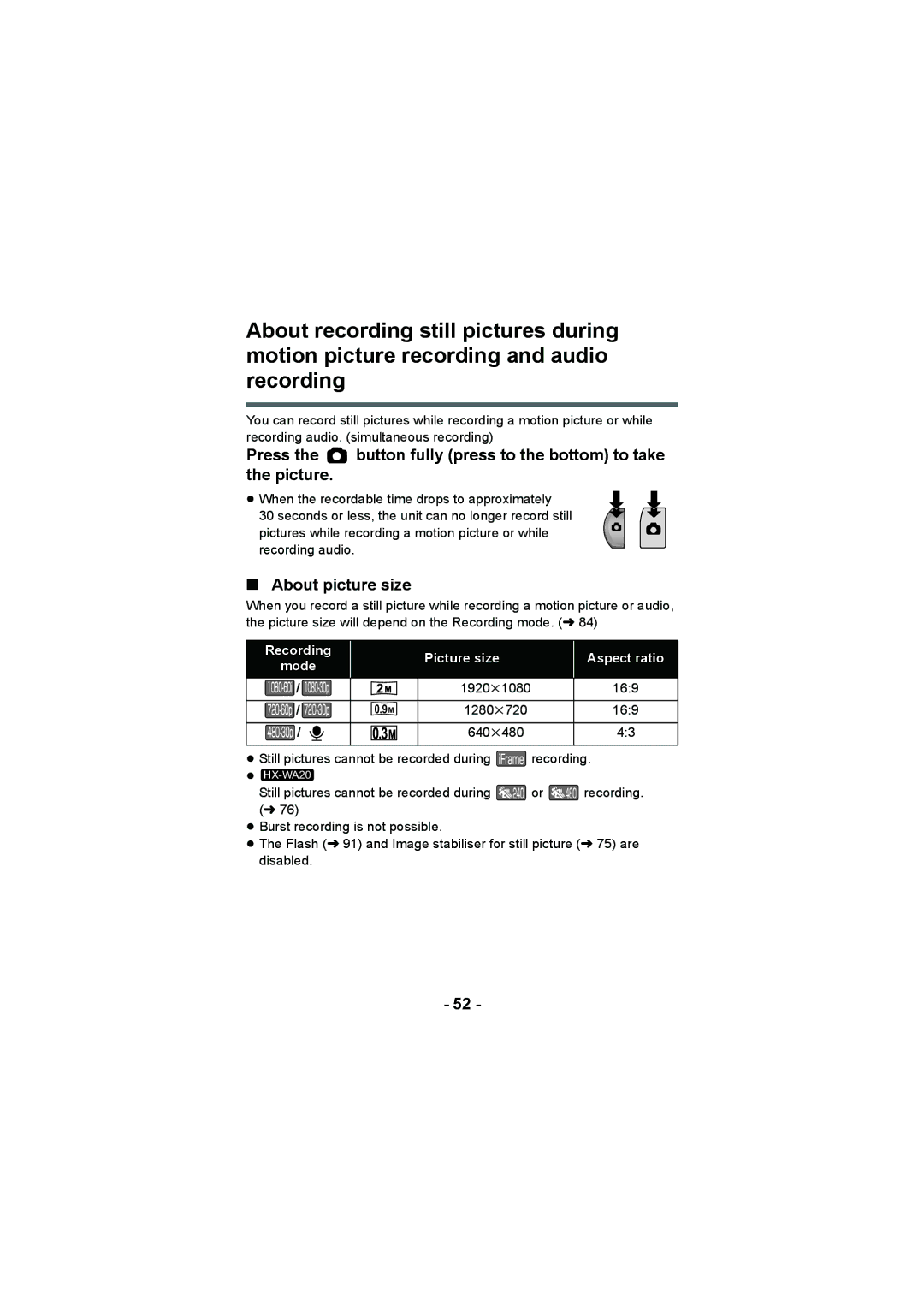 Panasonic HX-DC2, HX-WA20 operating instructions About picture size, Mode 