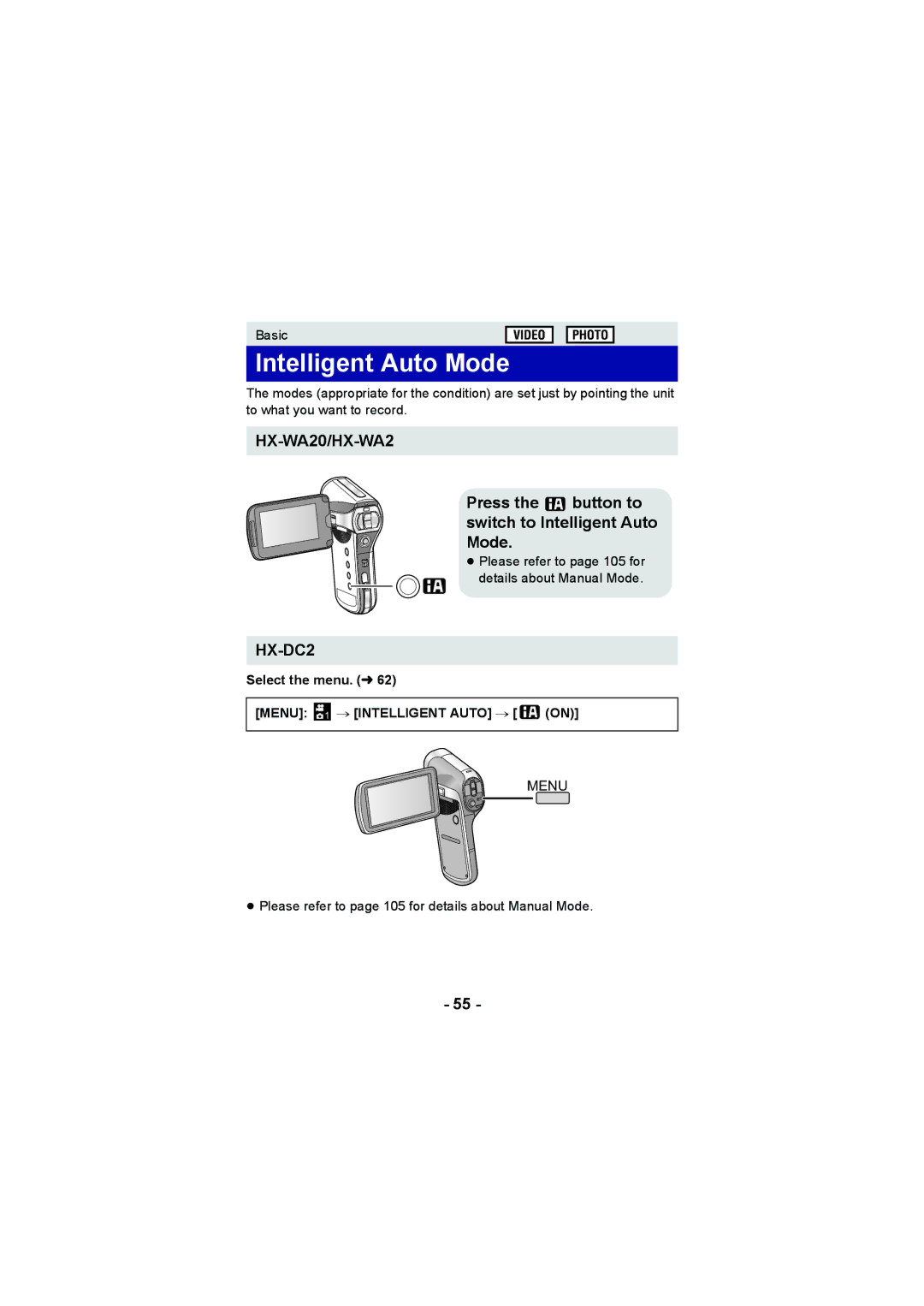 Panasonic HX-DC2, HX-WA20 operating instructions Press the button to switch to Intelligent Auto Mode 