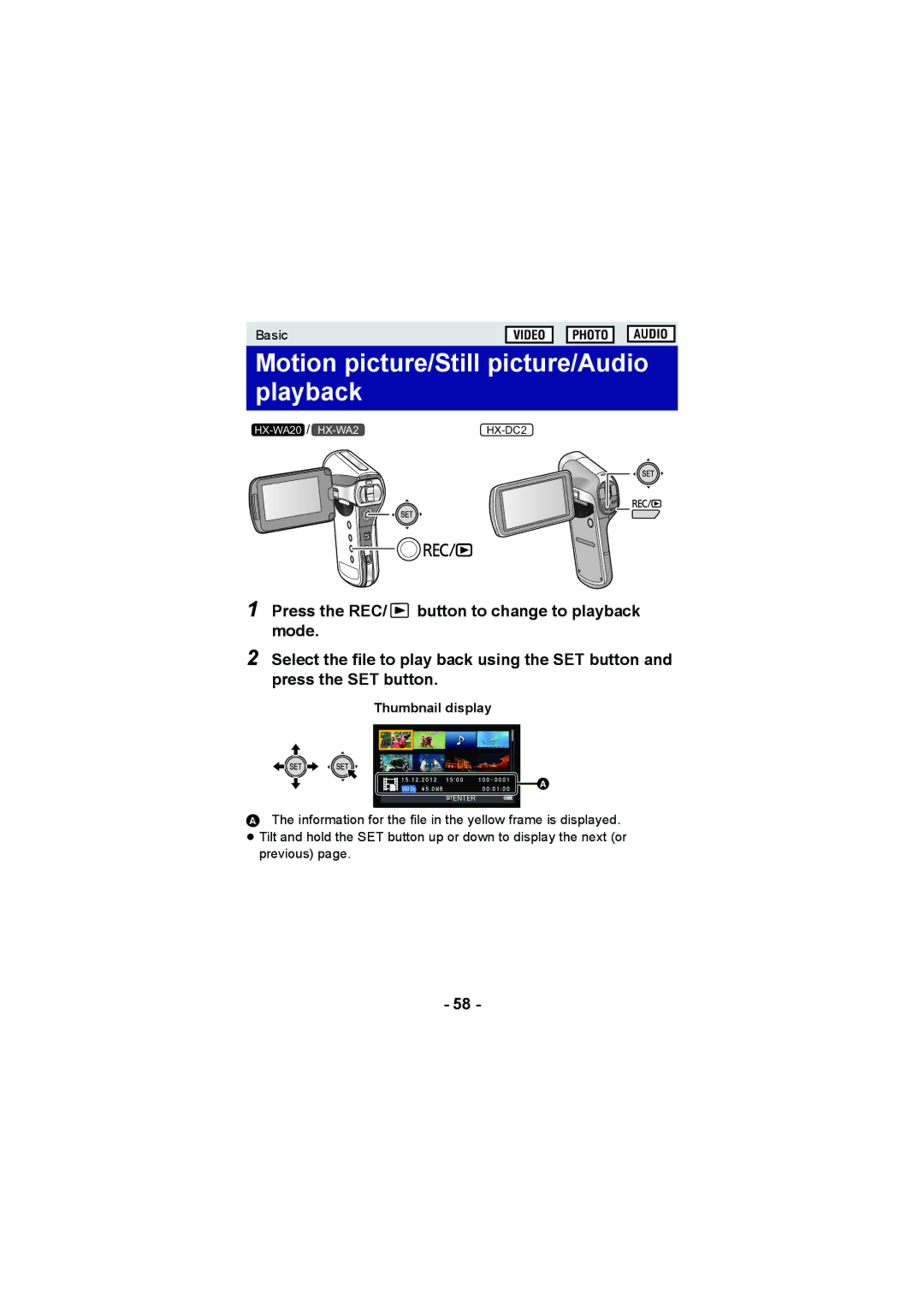 Panasonic HX-DC2, HX-WA20 operating instructions Motion picture/Still picture/Audio playback, Thumbnail display 