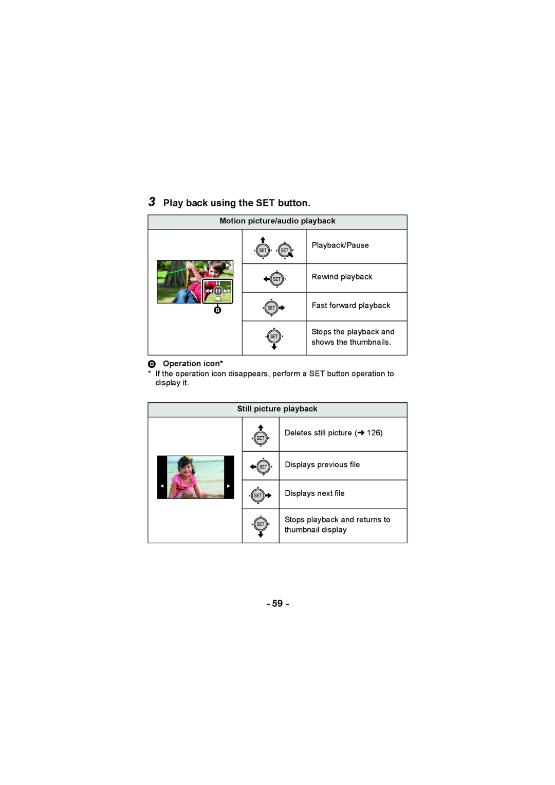 Panasonic HX-WA20 Play back using the SET button, Motion picture/audio playback, Operation icon, Still picture playback 