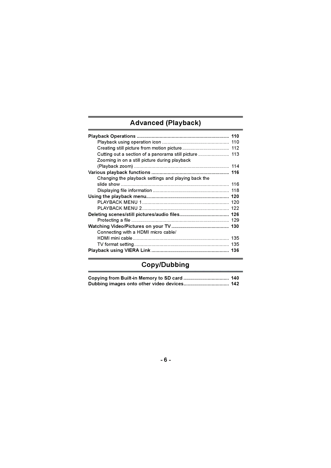 Panasonic HX-DC2, HX-WA20 operating instructions 110, 116, 120, 126, 130, 136, 140, 142 