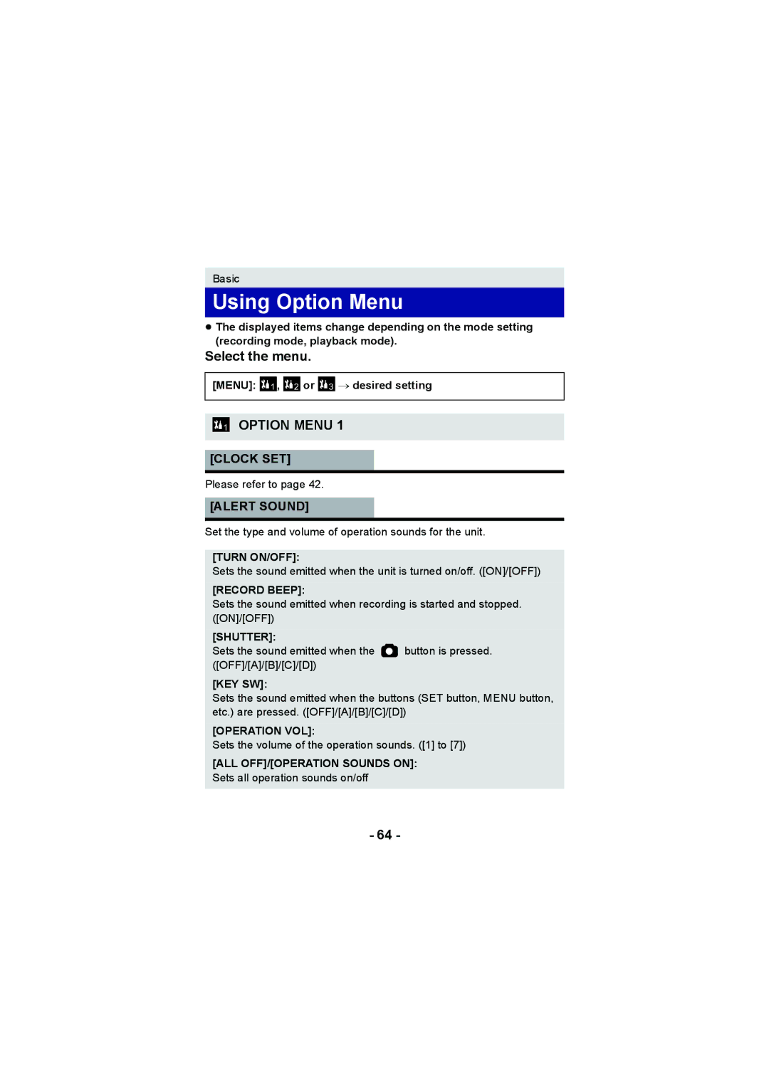 Panasonic HX-DC2, HX-WA20 operating instructions Using Option Menu, Select the menu, Clock SET, Alert Sound 