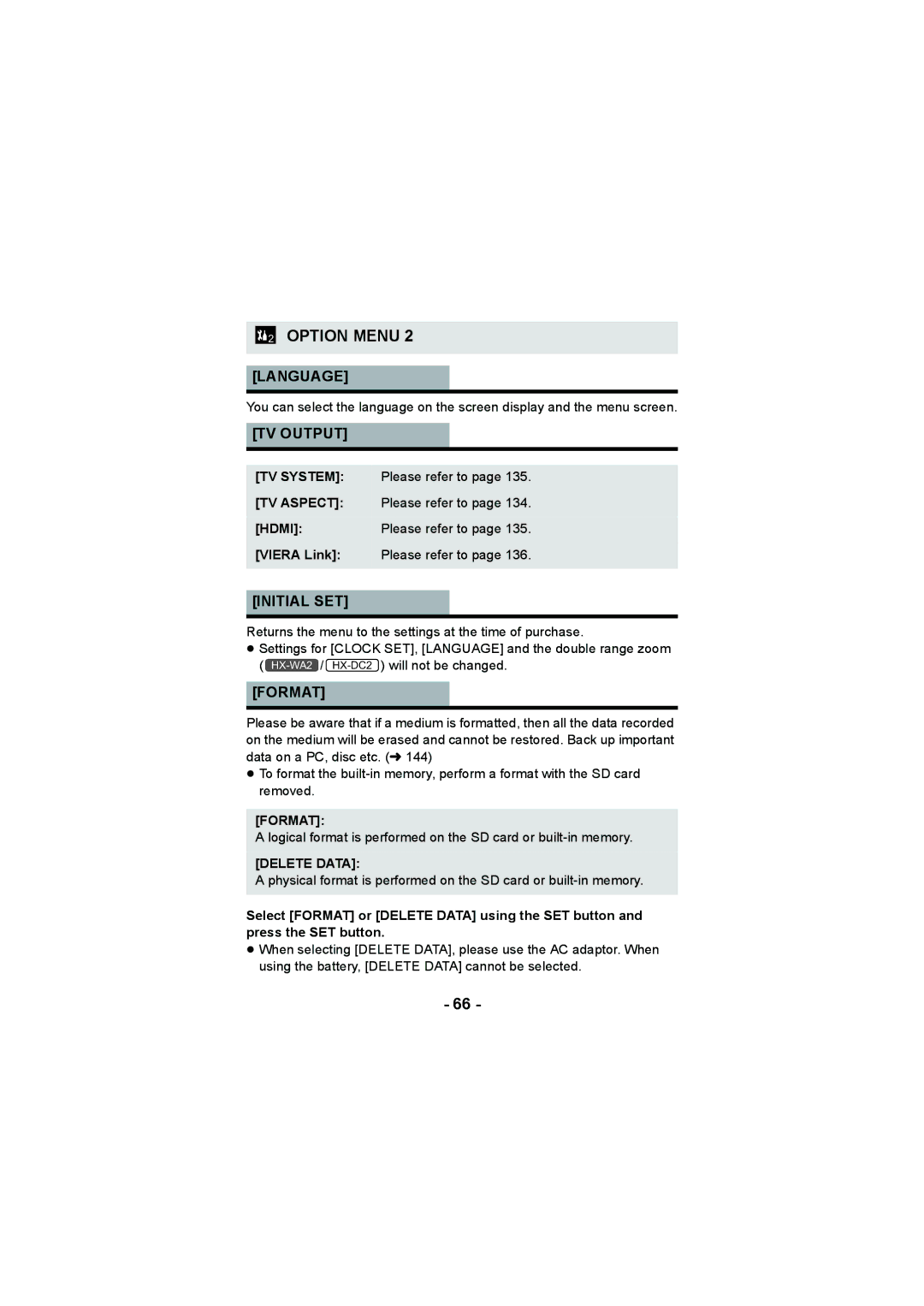 Panasonic HX-DC2, HX-WA20 operating instructions Language, TV Output, Initial SET, Format 