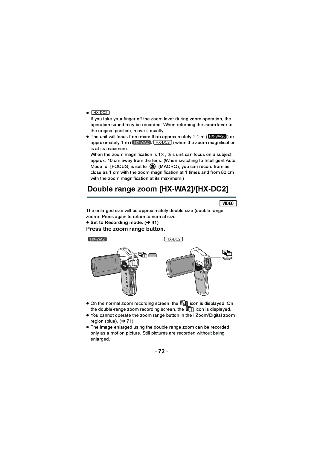 Panasonic HX-WA20 operating instructions Double range zoom HX-WA2/HX-DC2, Press the zoom range button 