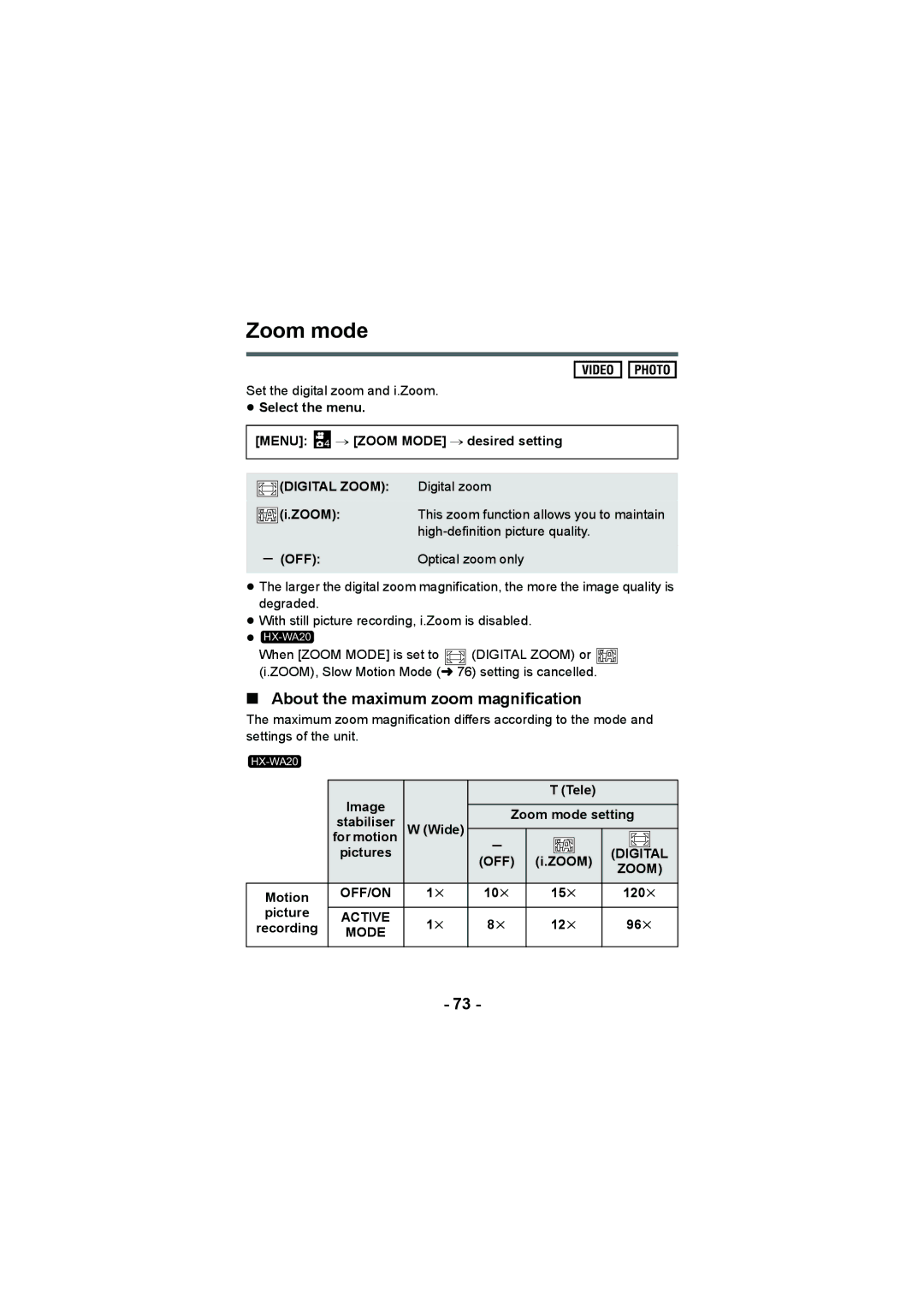 Panasonic HX-DC2, HX-WA20 operating instructions Zoom mode, About the maximum zoom magnification 