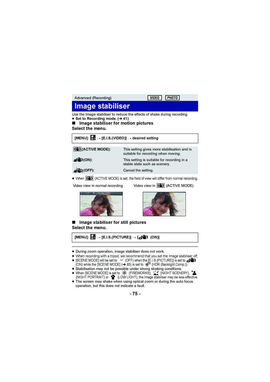 Panasonic HX-DC2, HX-WA20 operating instructions Image stabiliser for motion pictures Select the menu 