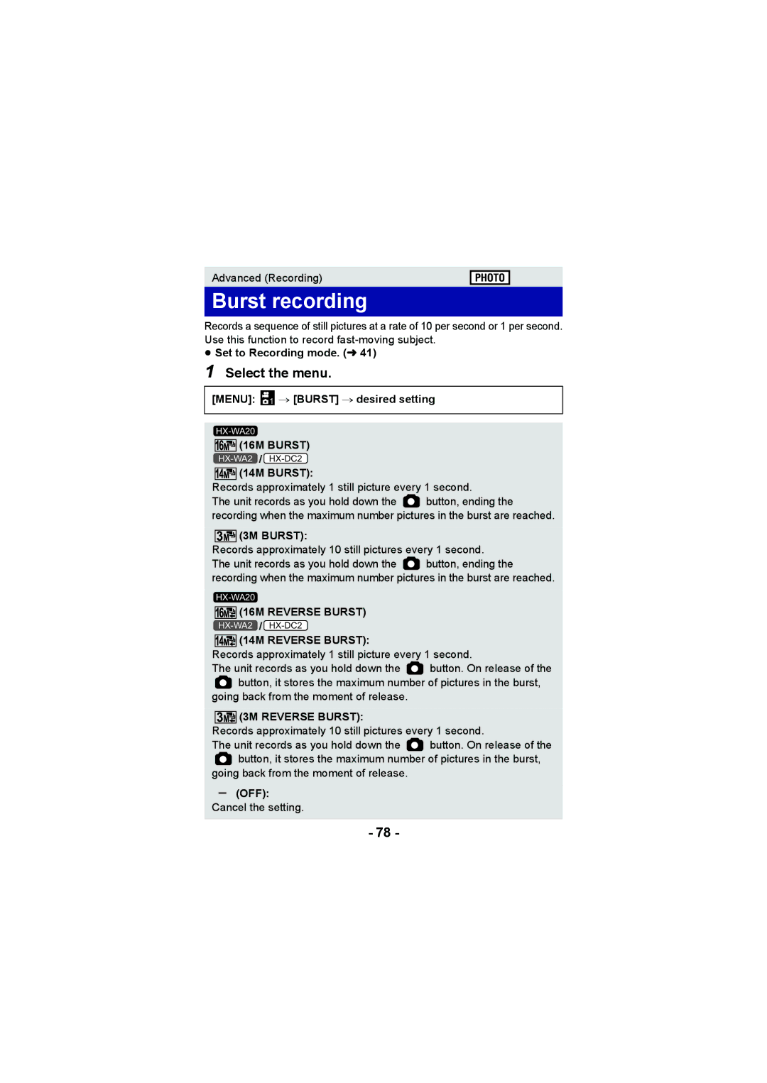 Panasonic HX-DC2, HX-WA20 operating instructions Burst recording, 16M Reverse Burst, 3M Reverse Burst 