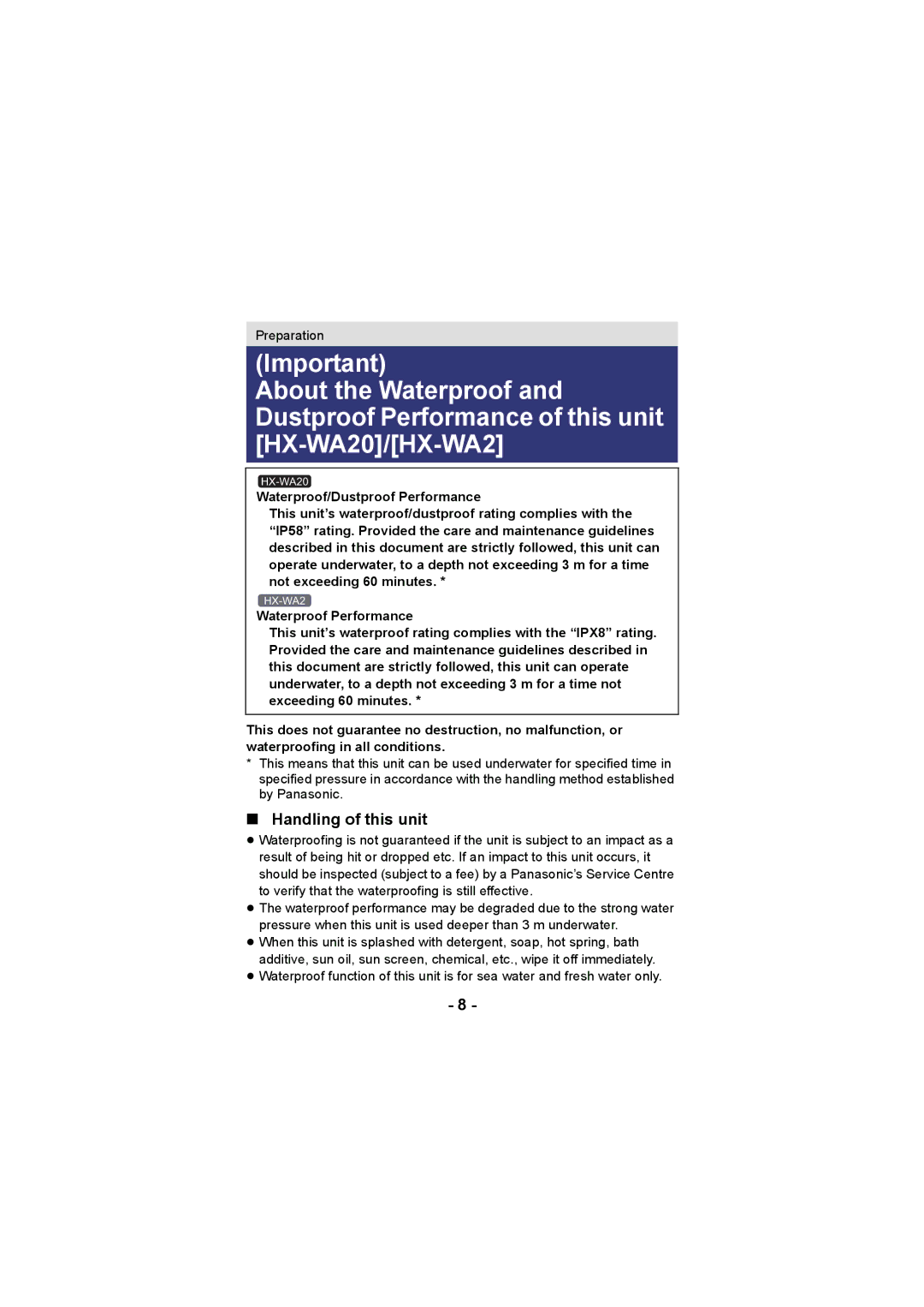 Panasonic HX-WA20, HX-DC2 operating instructions Handling of this unit 