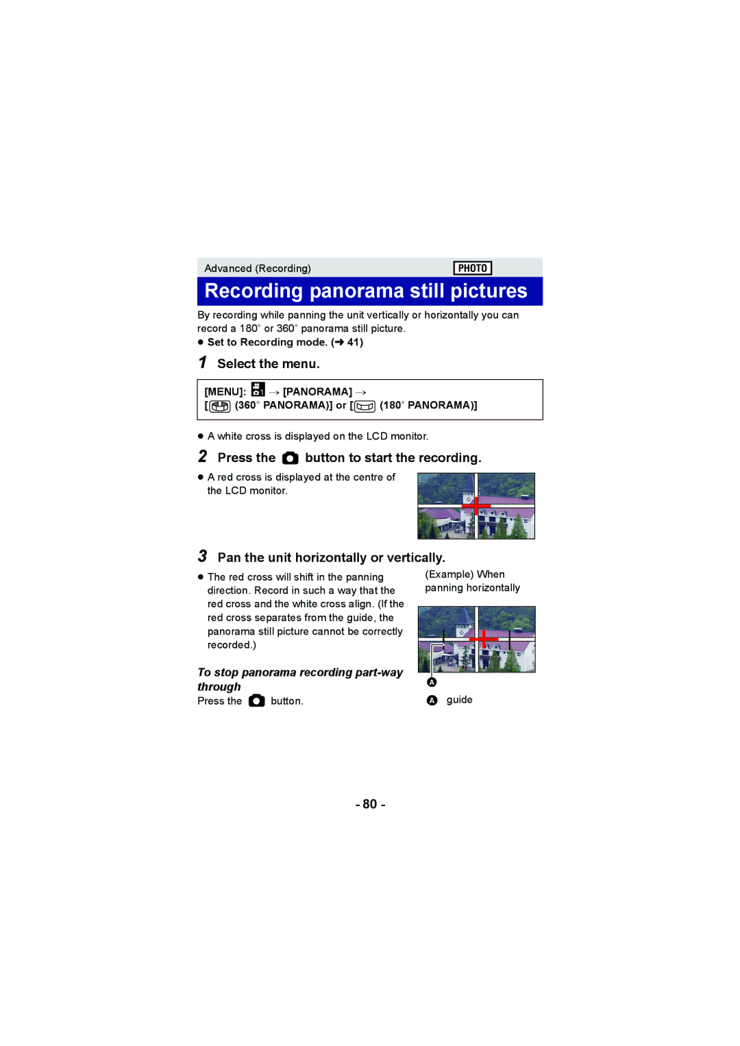 Panasonic HX-WA20, HX-DC2 operating instructions Recording panorama still pictures, Press the button to start the recording 