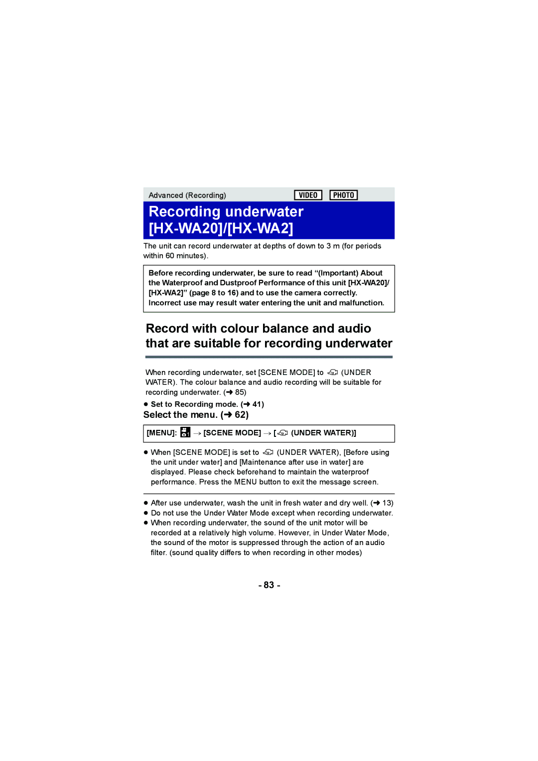 Panasonic HX-DC2 operating instructions Recording underwater HX-WA20/HX-WA2, Menu 1 # Scene Mode # Under Water 