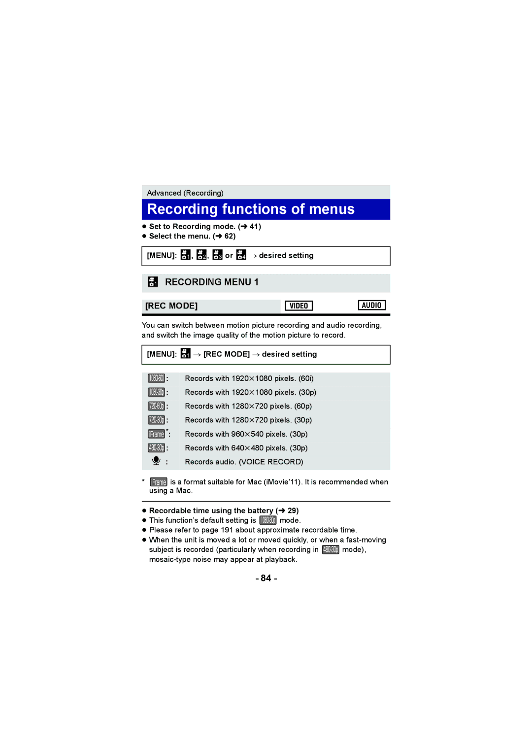 Panasonic HX-DC2, HX-WA20 operating instructions Recording functions of menus, Menu 1 # REC Mode # desired setting 