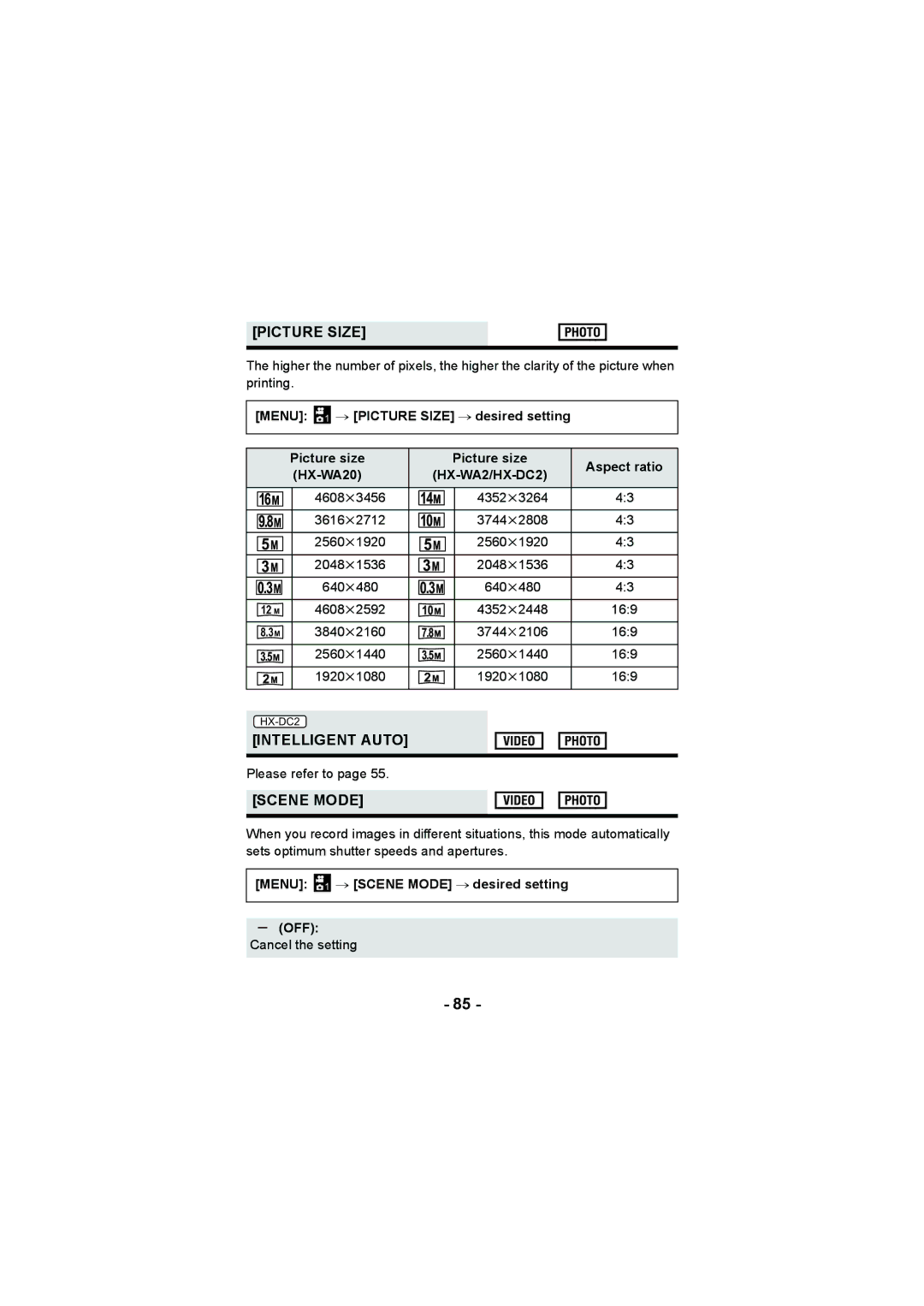 Panasonic HX-WA20 operating instructions Picture Size, Intelligent Auto, Scene Mode, HX-WA2/HX-DC2 