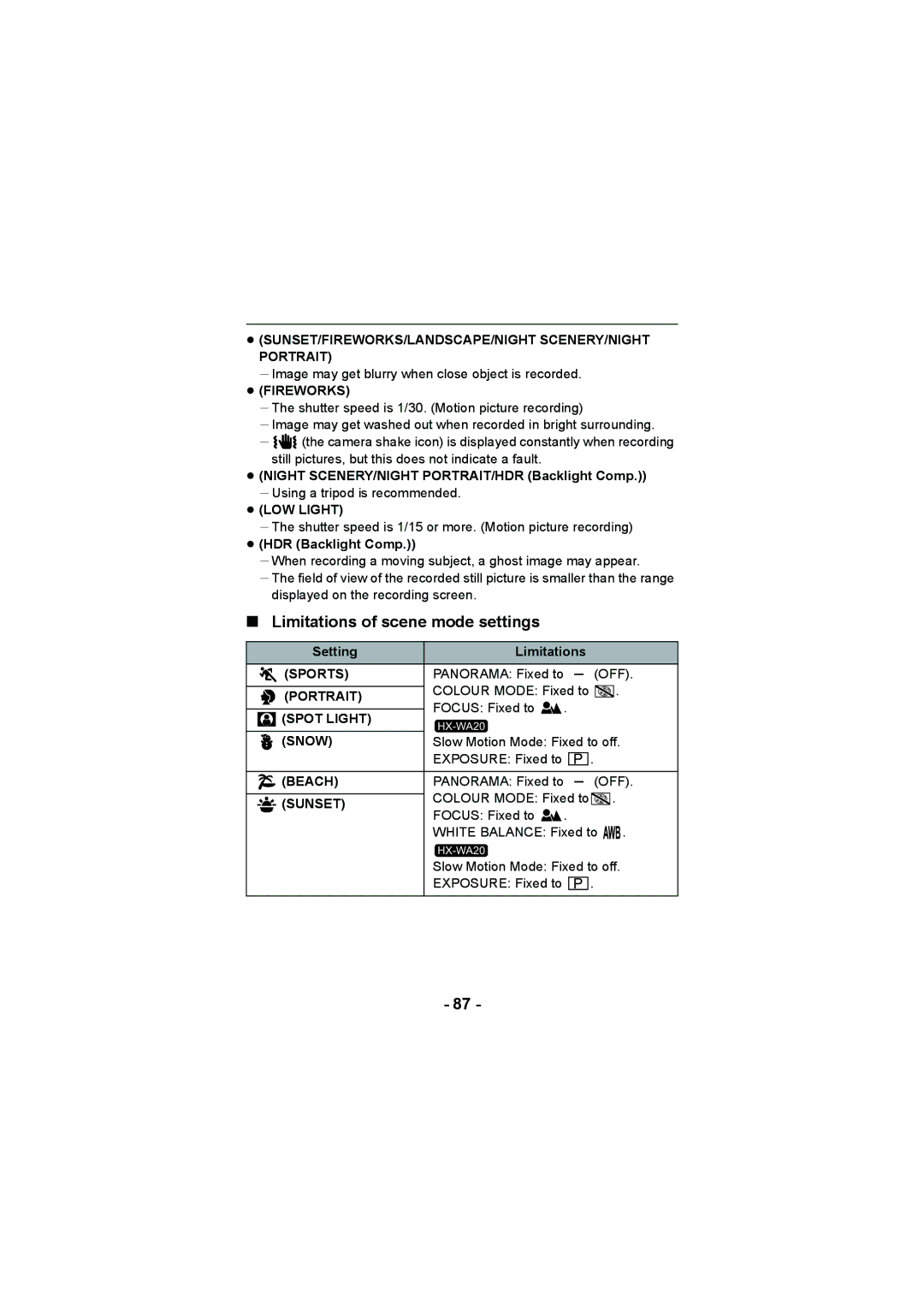 Panasonic HX-DC2 Limitations of scene mode settings, ≥ SUNSET/FIREWORKS/LANDSCAPE/NIGHT SCENERY/NIGHT Portrait, Sunset 