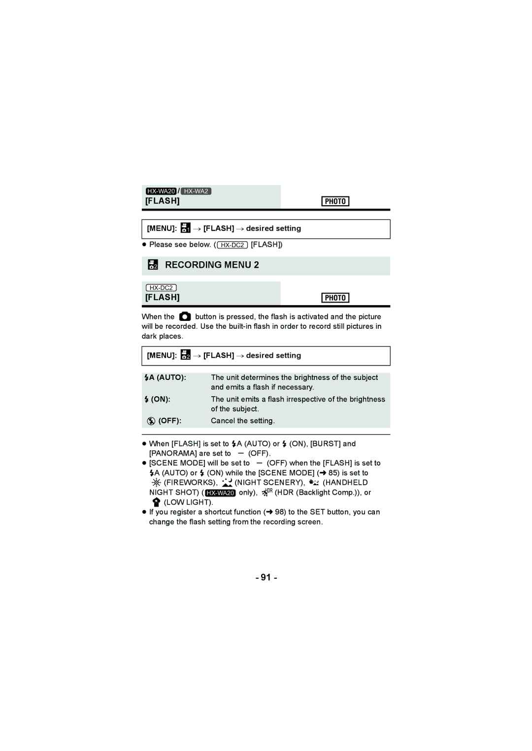 Panasonic HX-DC2, HX-WA20 operating instructions Menu 1 # Flash # desired setting, Menu 2 # Flash # desired setting 