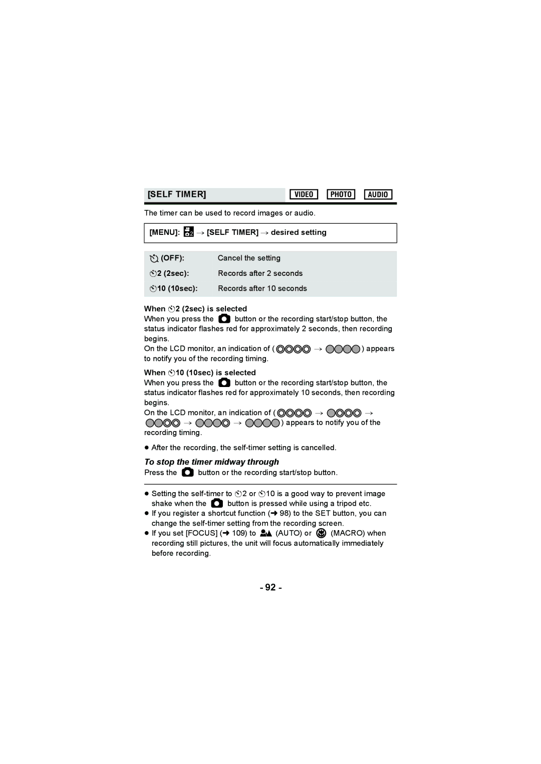 Panasonic HX-WA20, HX-DC2 Menu 2 # Self Timer # desired setting, When Ø2 2sec is selected, When Ø10 10sec is selected 