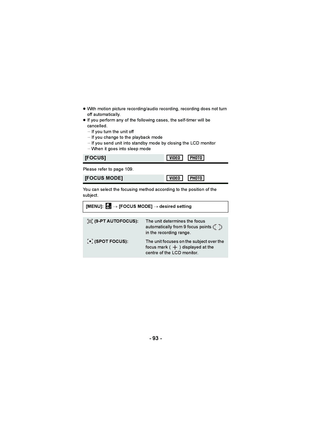 Panasonic HX-DC2, HX-WA20 operating instructions Menu 2 # Focus Mode # desired setting 