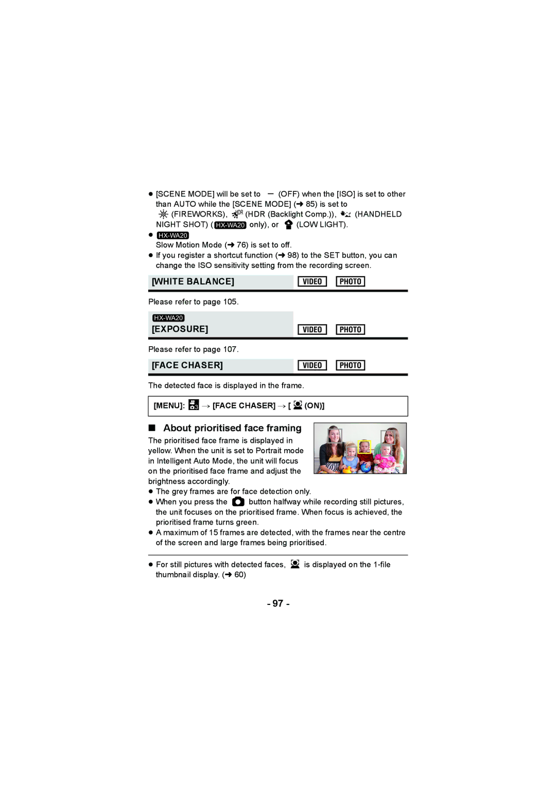 Panasonic HX-DC2, HX-WA20 About prioritised face framing, White Balance, Exposure, Menu 3 # Face Chaser # on 