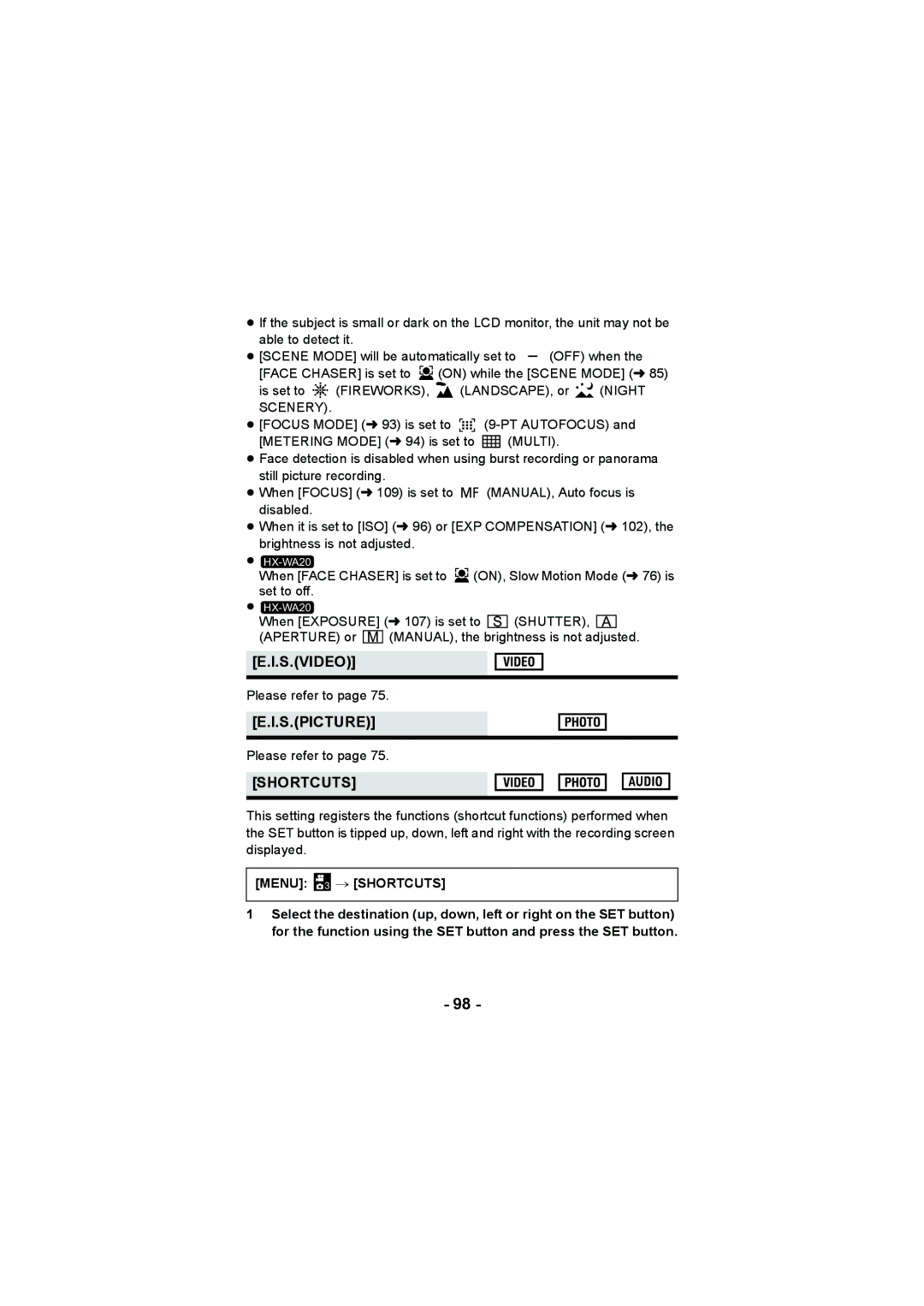 Panasonic HX-WA20, HX-DC2 operating instructions S.Video, S.Picture, Menu 3 # Shortcuts 