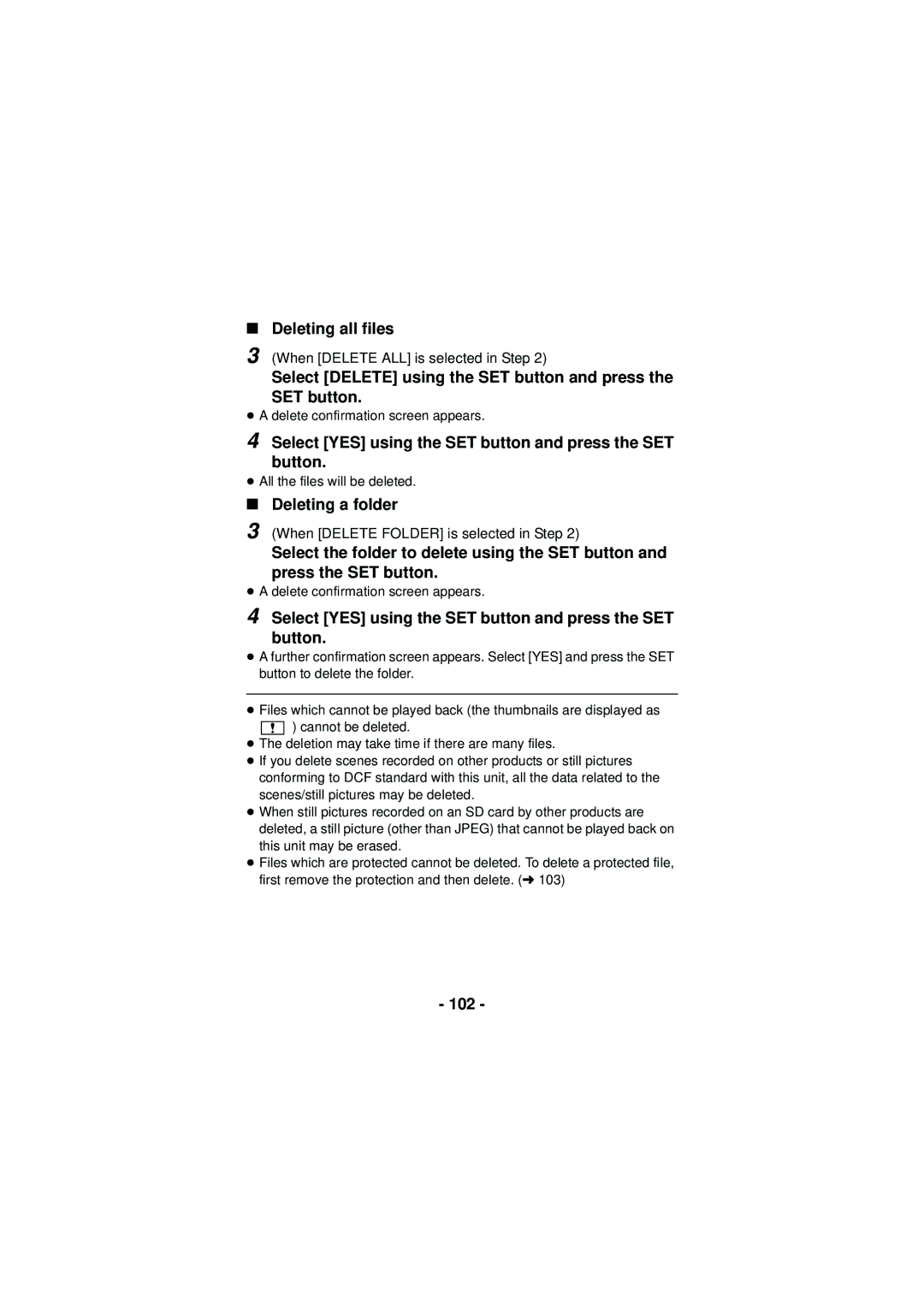 Panasonic HX-DC3 owner manual Deleting all files, Deleting a folder, 102 