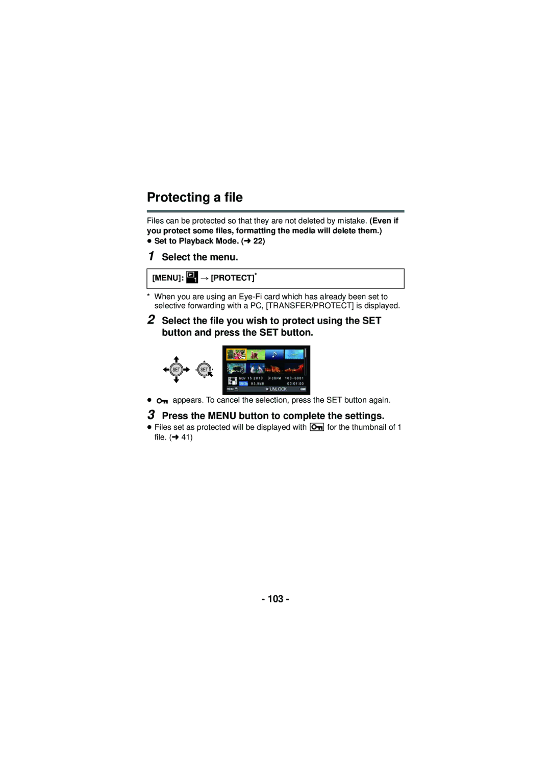 Panasonic HX-DC3 owner manual Protecting a file, Press the Menu button to complete the settings, 103, Menu # Protect 