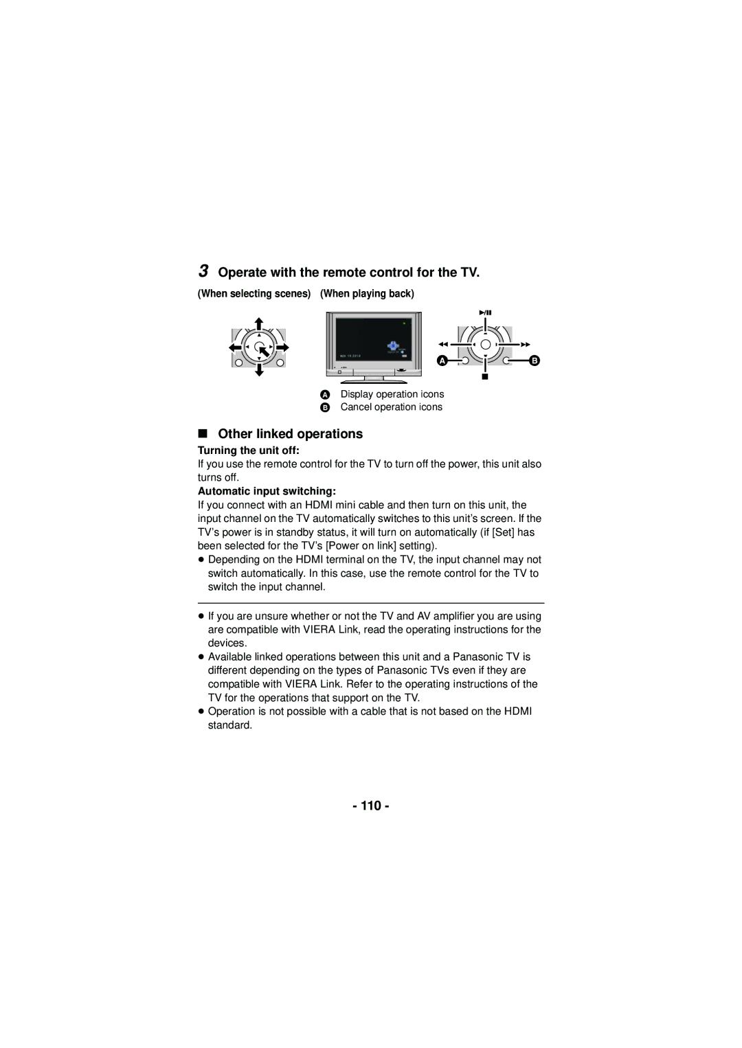 Panasonic HX-DC3 owner manual Operate with the remote control for the TV, Other linked operations, 110 