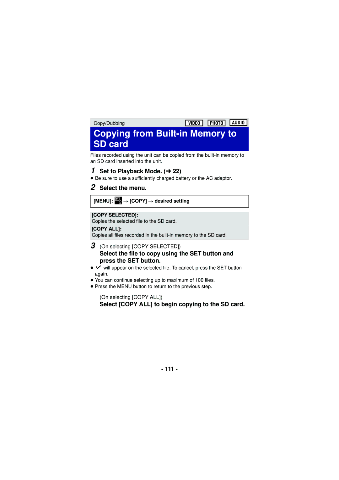 Panasonic HX-DC3 owner manual Copying from Built-in Memory to SD card, Set to Playback Mode. l, Copy Selected, Copy ALL 