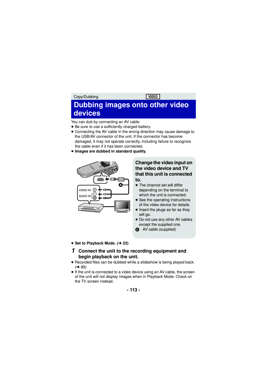 Panasonic HX-DC3 owner manual Dubbing images onto other video devices, 113 