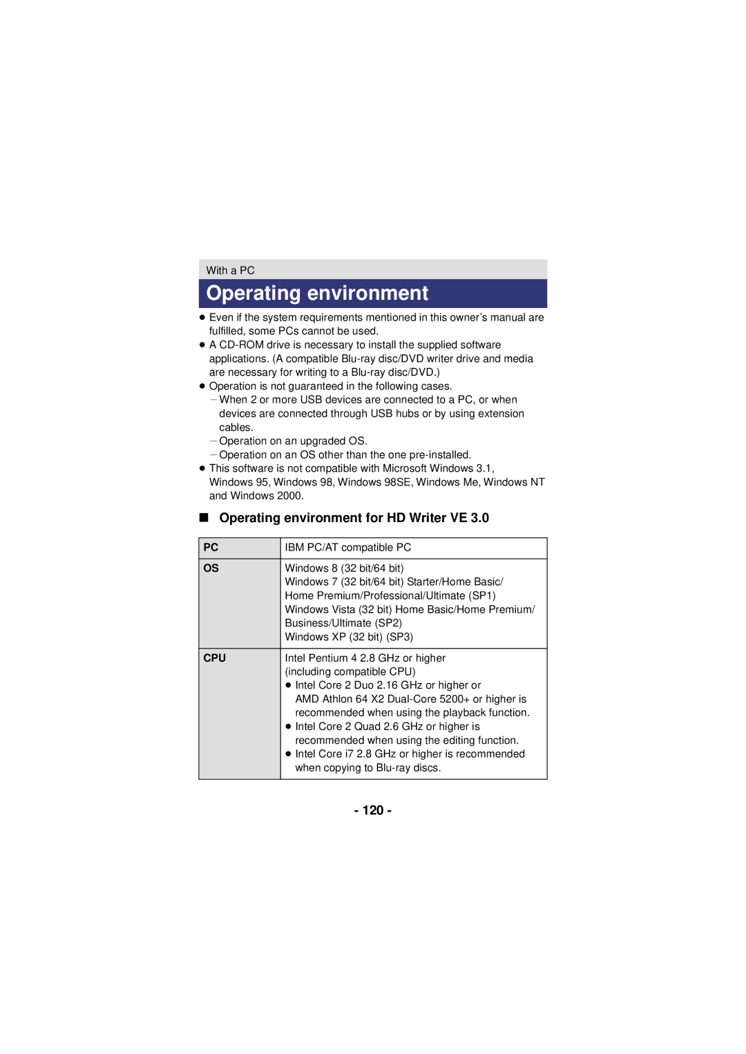 Panasonic HX-DC3 owner manual Operating environment for HD Writer VE, 120, Cpu 