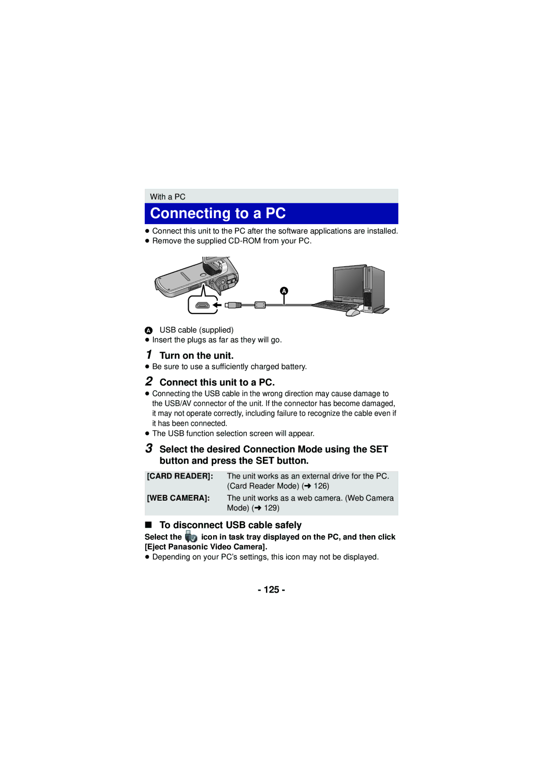 Panasonic HX-DC3 Connecting to a PC, Turn on the unit, Connect this unit to a PC, To disconnect USB cable safely, 125 