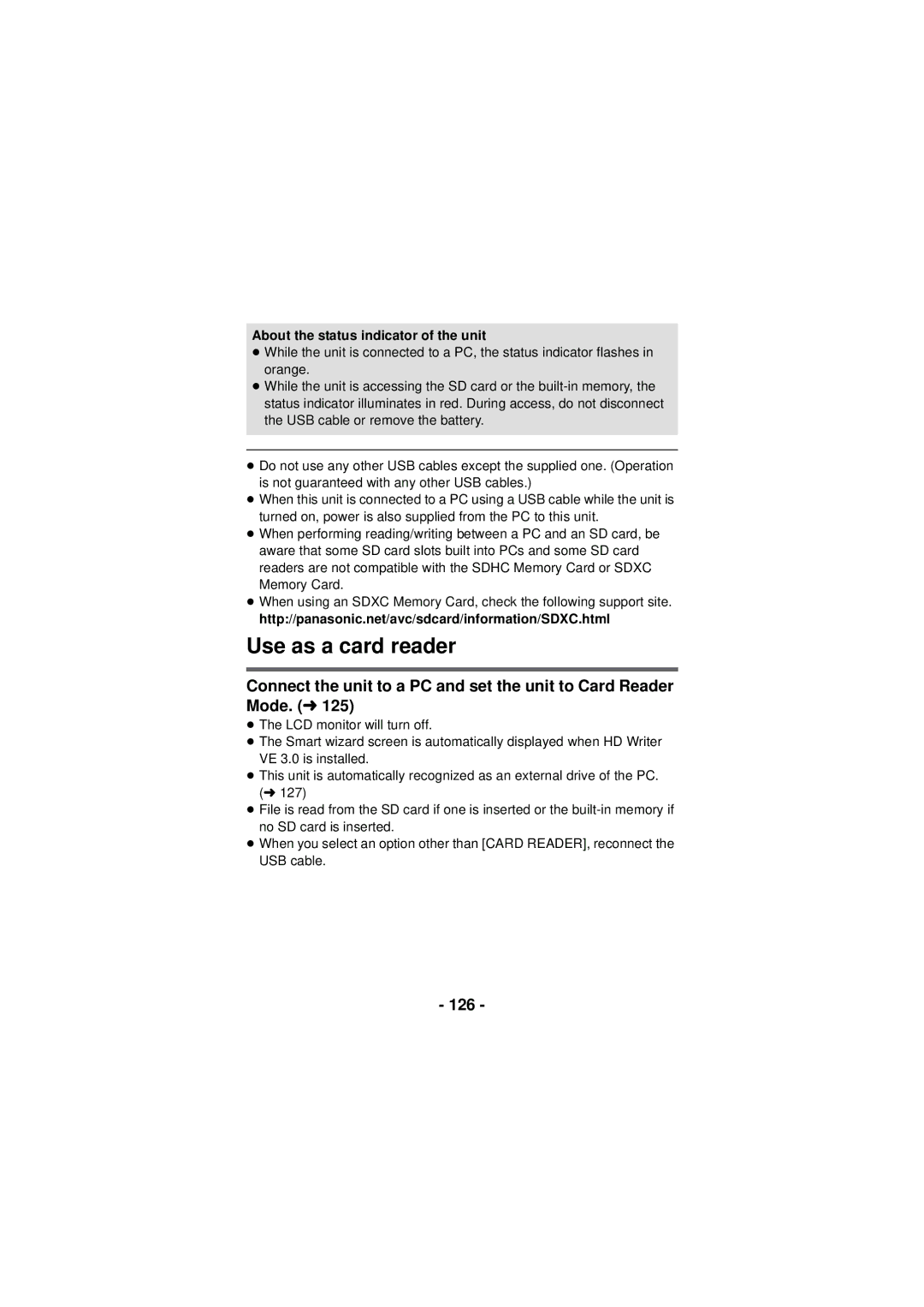 Panasonic HX-DC3 owner manual Use as a card reader, 126 