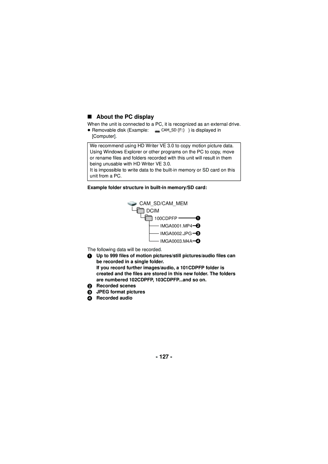 Panasonic HX-DC3 owner manual About the PC display, 127, Example folder structure in built-in memory/SD card 