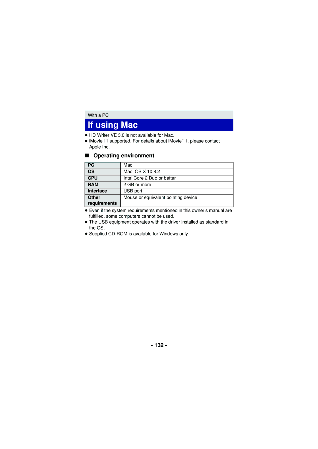 Panasonic HX-DC3 owner manual If using Mac, Operating environment, 132 