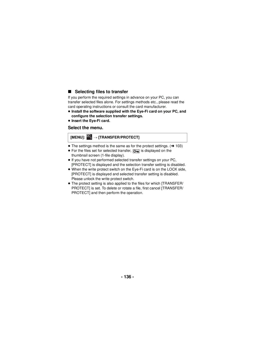 Panasonic HX-DC3 owner manual Selecting files to transfer, 136, # Transfer/Protect 