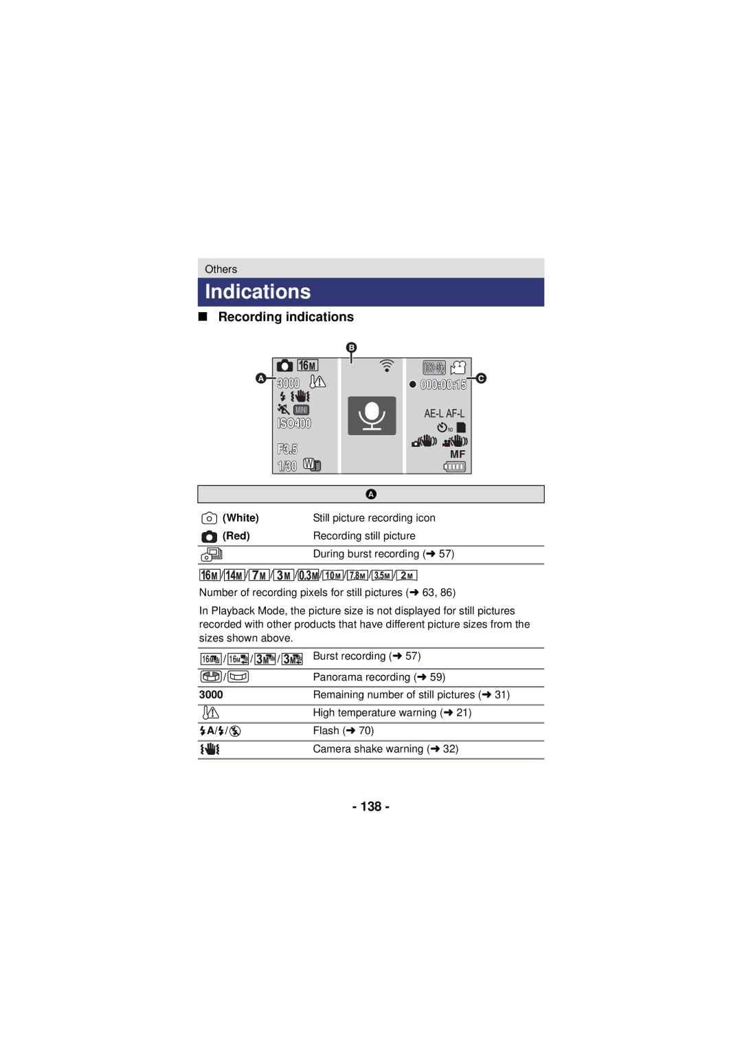 Panasonic HX-DC3 owner manual Indications, Recording indications, 138, Burst recording l, Panorama recording l 