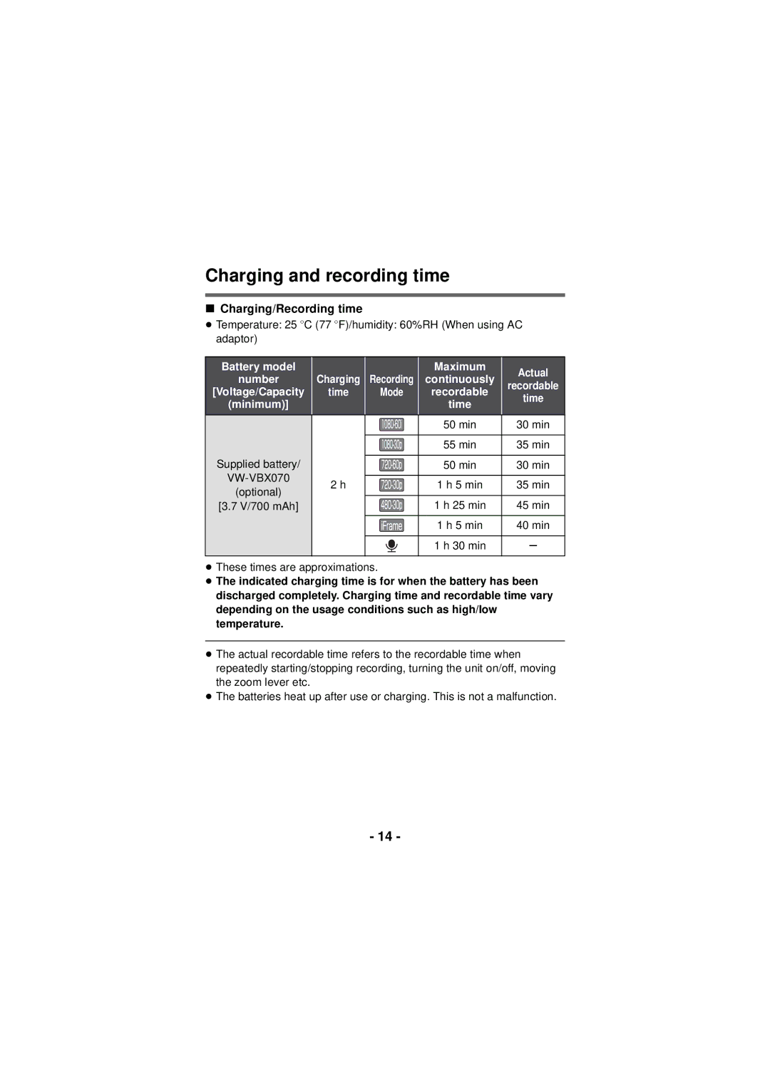 Panasonic HX-DC3 owner manual Charging and recording time, Charging/Recording time 