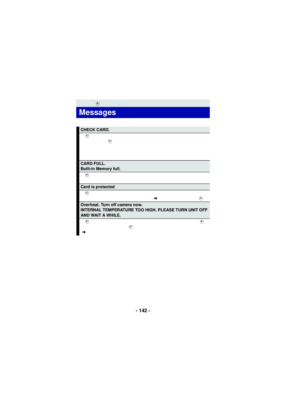 Panasonic HX-DC3 owner manual Messages, 142, Check Card, Card Full 