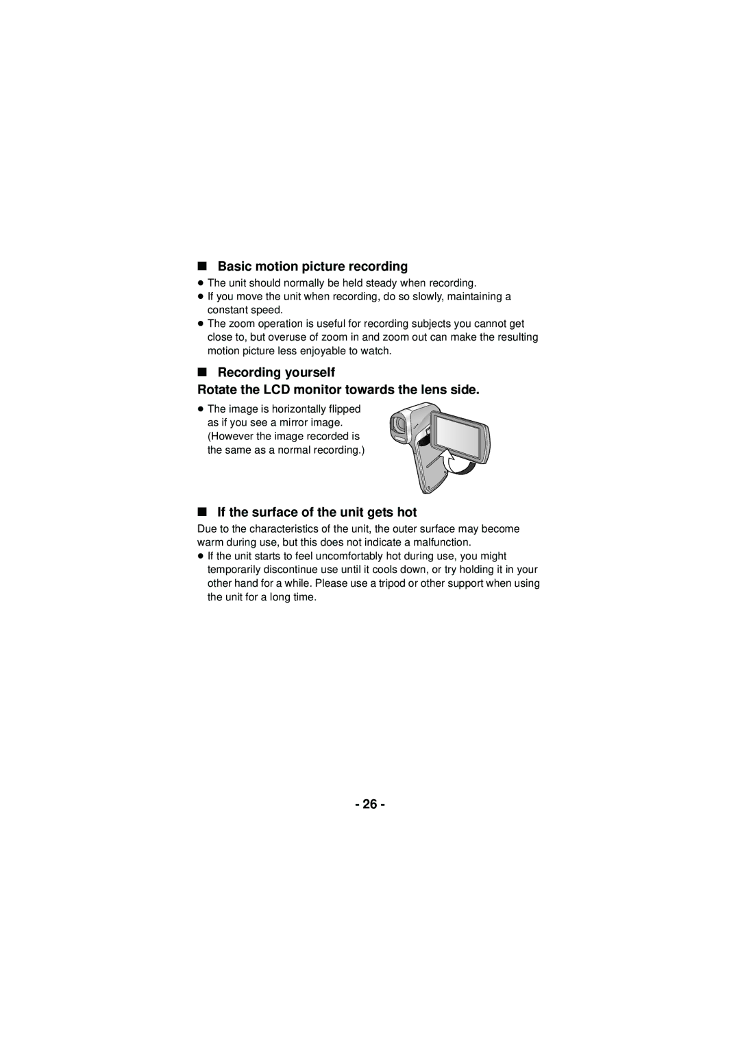 Panasonic HX-DC3 owner manual Basic motion picture recording, If the surface of the unit gets hot 