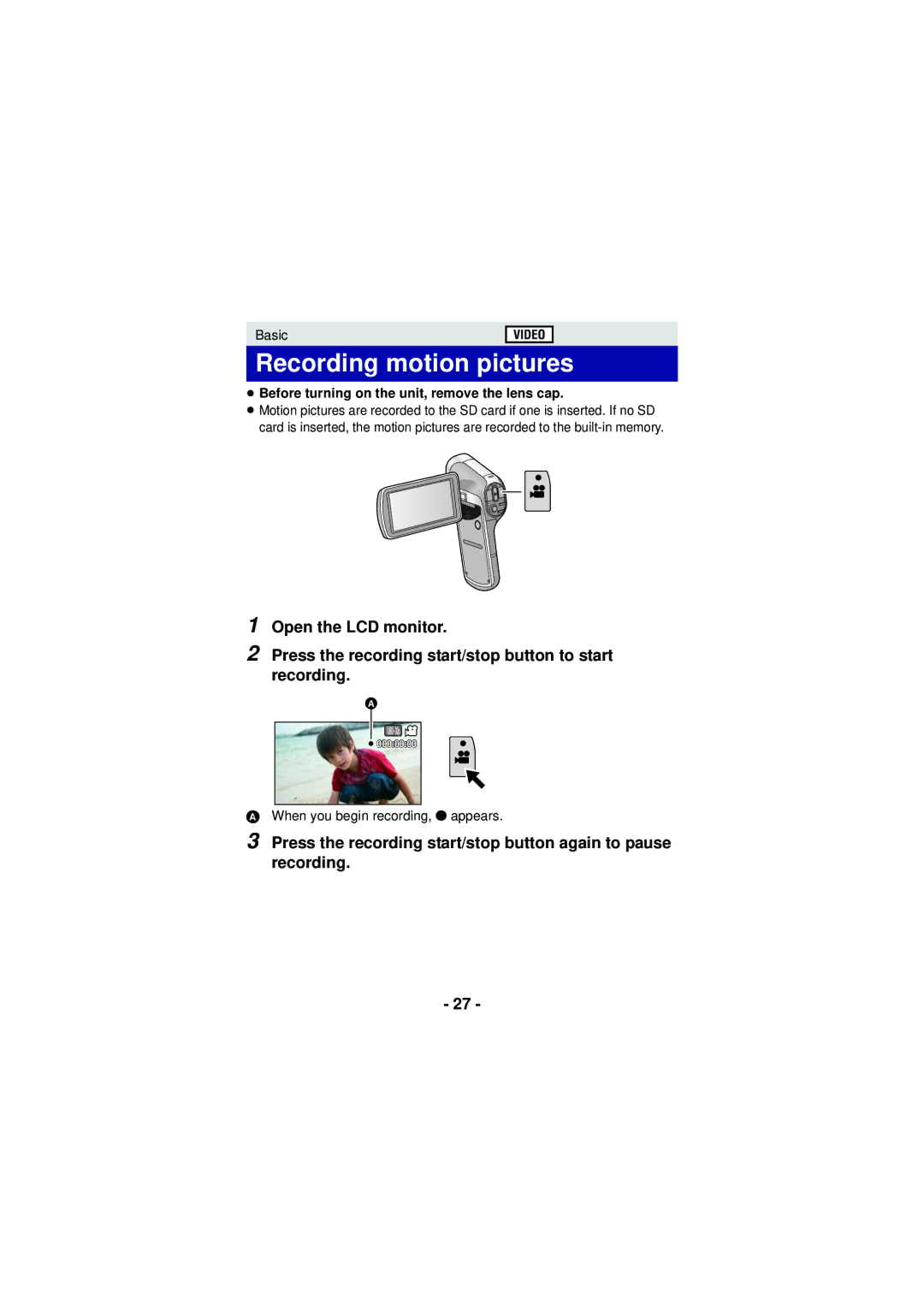 Panasonic HX-DC3 owner manual Recording motion pictures, ≥ Before turning on the unit, remove the lens cap 